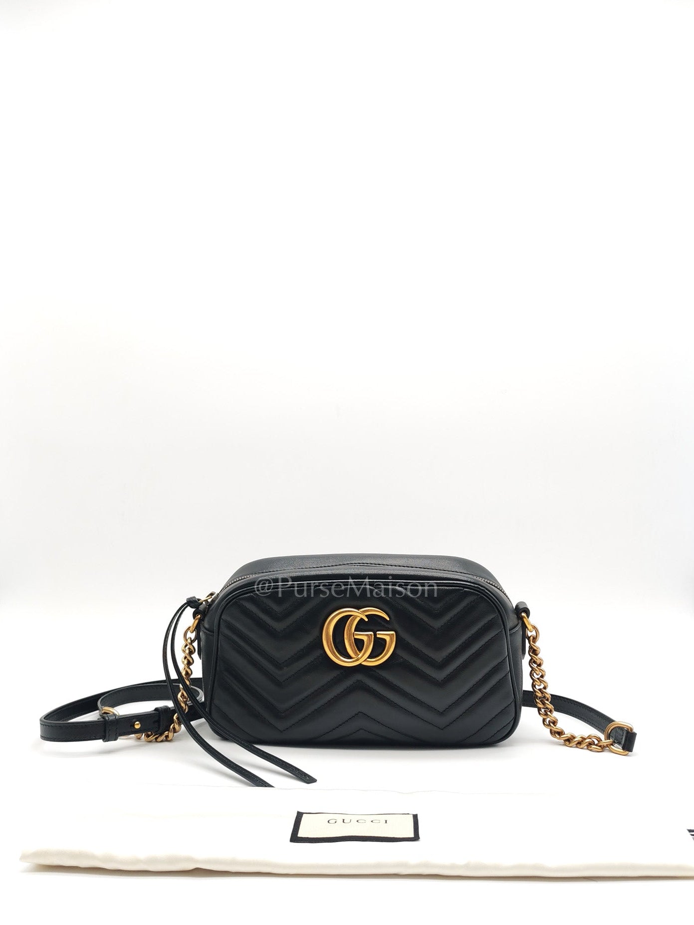 GG Marmont Small Camera Bag in Black Chevron Quilted Matellase Leather & Gold Hardware