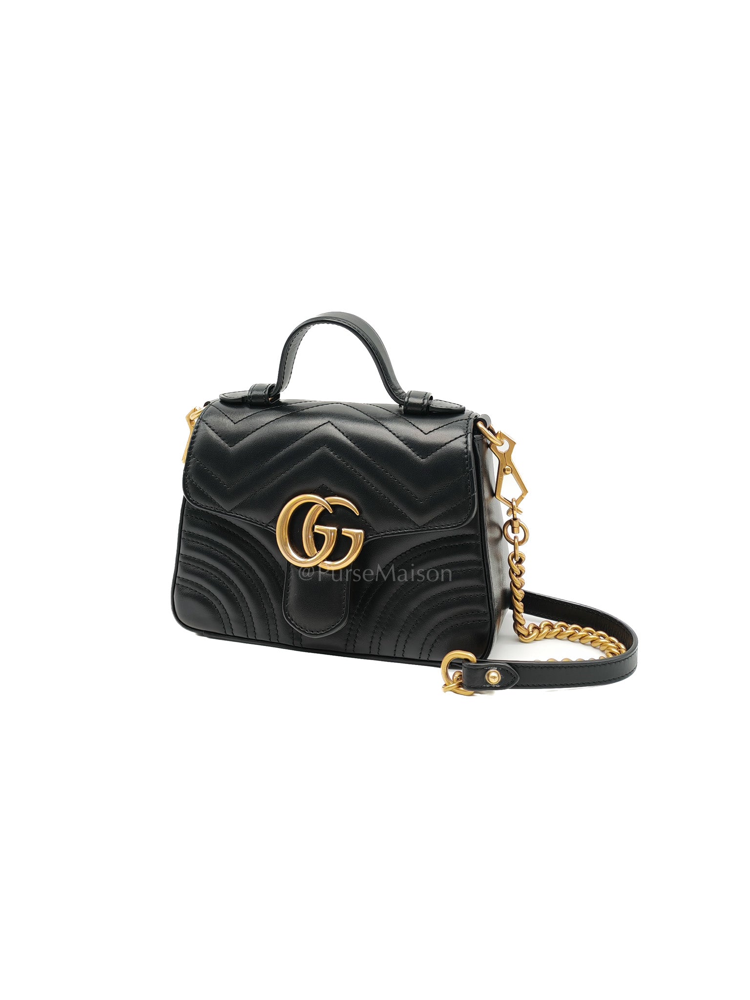 GG Marmont Mini Top Handle Bag in Black Matelasse Chevron Quilted Calfskin Leather & Aged Gold Hardware