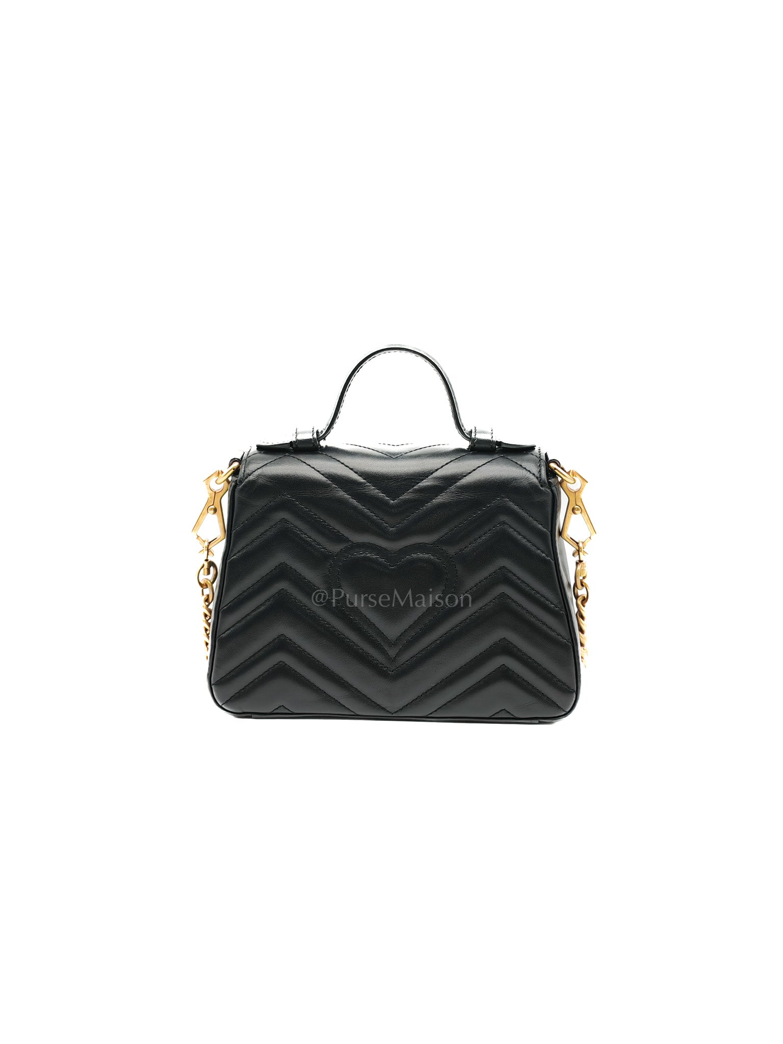 GG Marmont Mini Top Handle Bag in Black Matelasse Chevron Quilted Calfskin Leather & Aged Gold Hardware