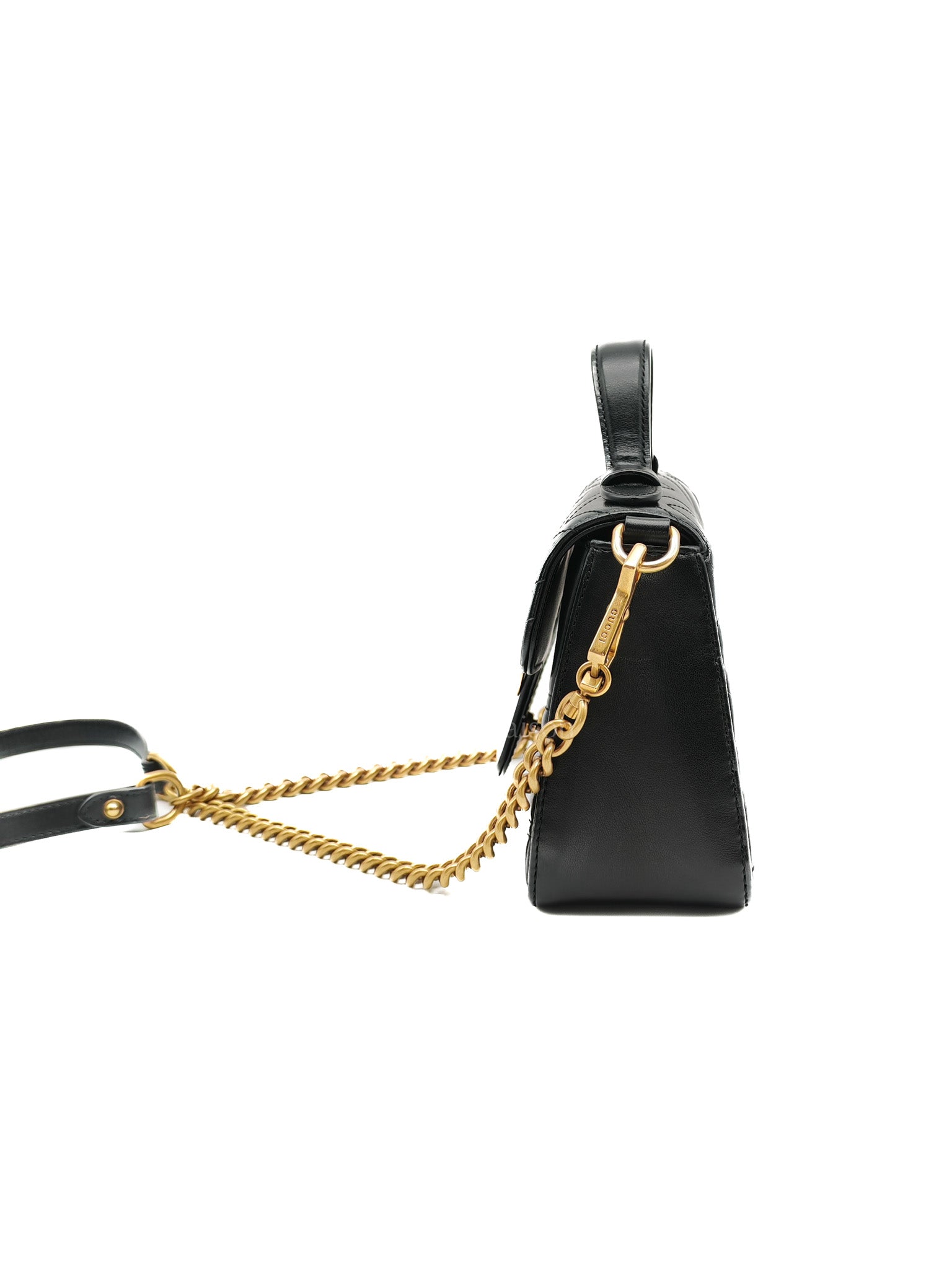 GG Marmont Mini Top Handle Bag in Black Matelasse Chevron Quilted Calfskin Leather & Aged Gold Hardware
