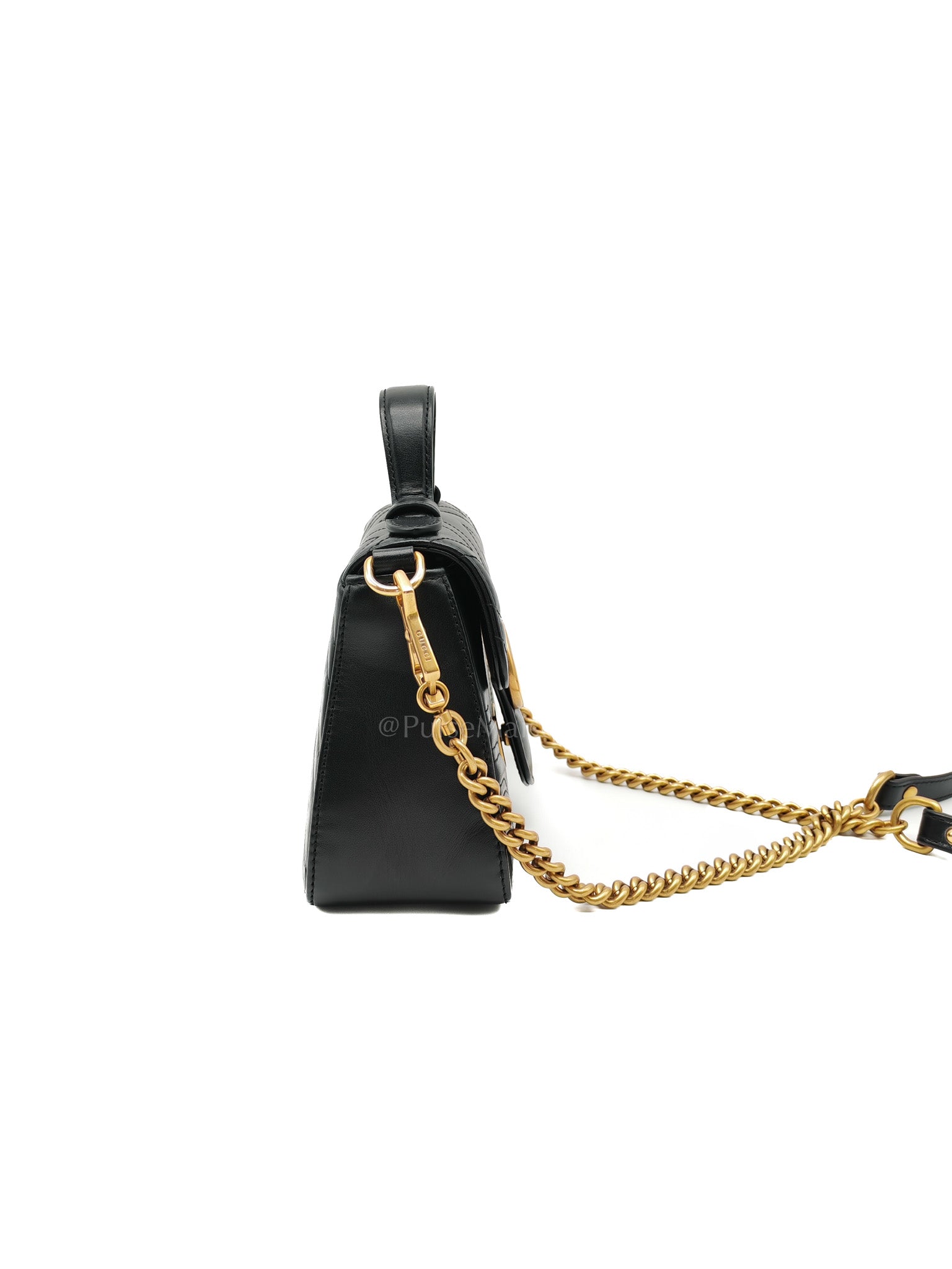 GG Marmont Mini Top Handle Bag in Black Matelasse Chevron Quilted Calfskin Leather & Aged Gold Hardware