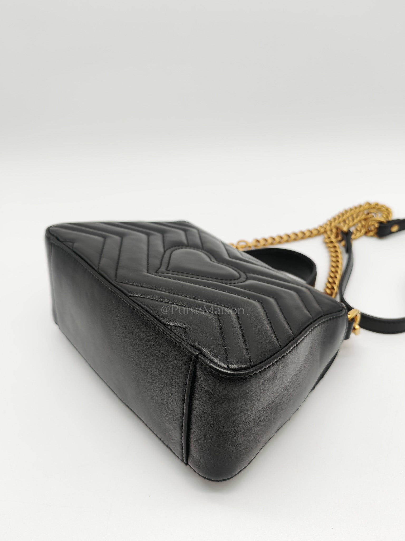 GG Marmont Mini Top Handle Bag in Black Matelasse Chevron Quilted Calfskin Leather & Aged Gold Hardware