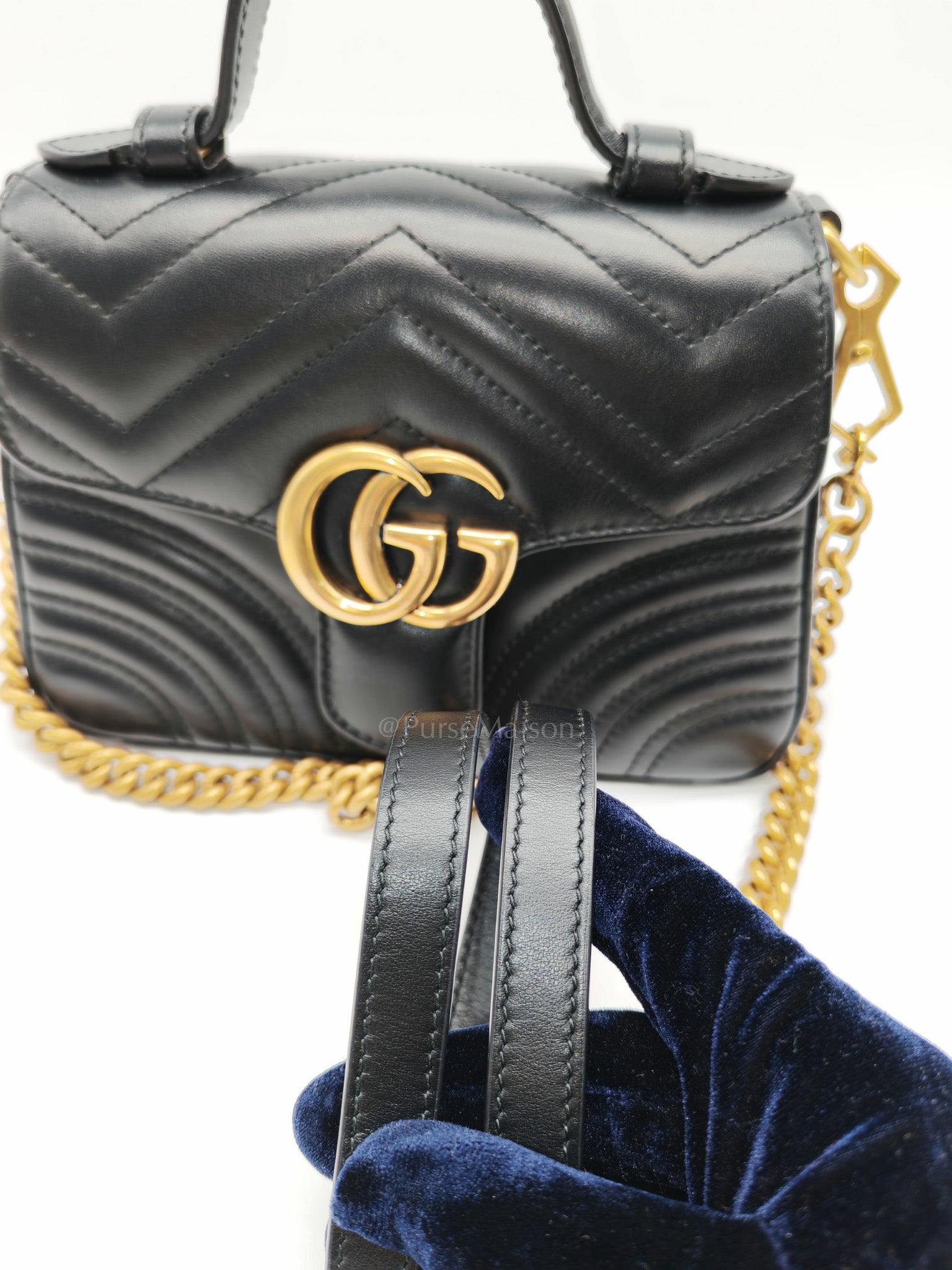 GG Marmont Mini Top Handle Bag in Black Matelasse Chevron Quilted Calfskin Leather & Aged Gold Hardware