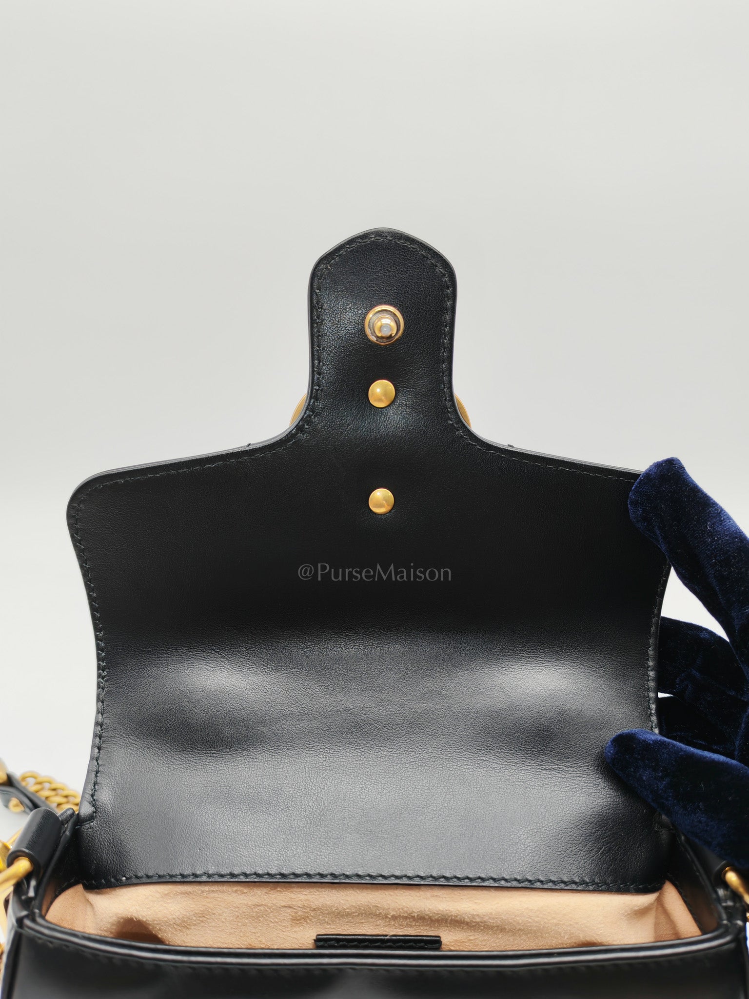 GG Marmont Mini Top Handle Bag in Black Matelasse Chevron Quilted Calfskin Leather & Aged Gold Hardware