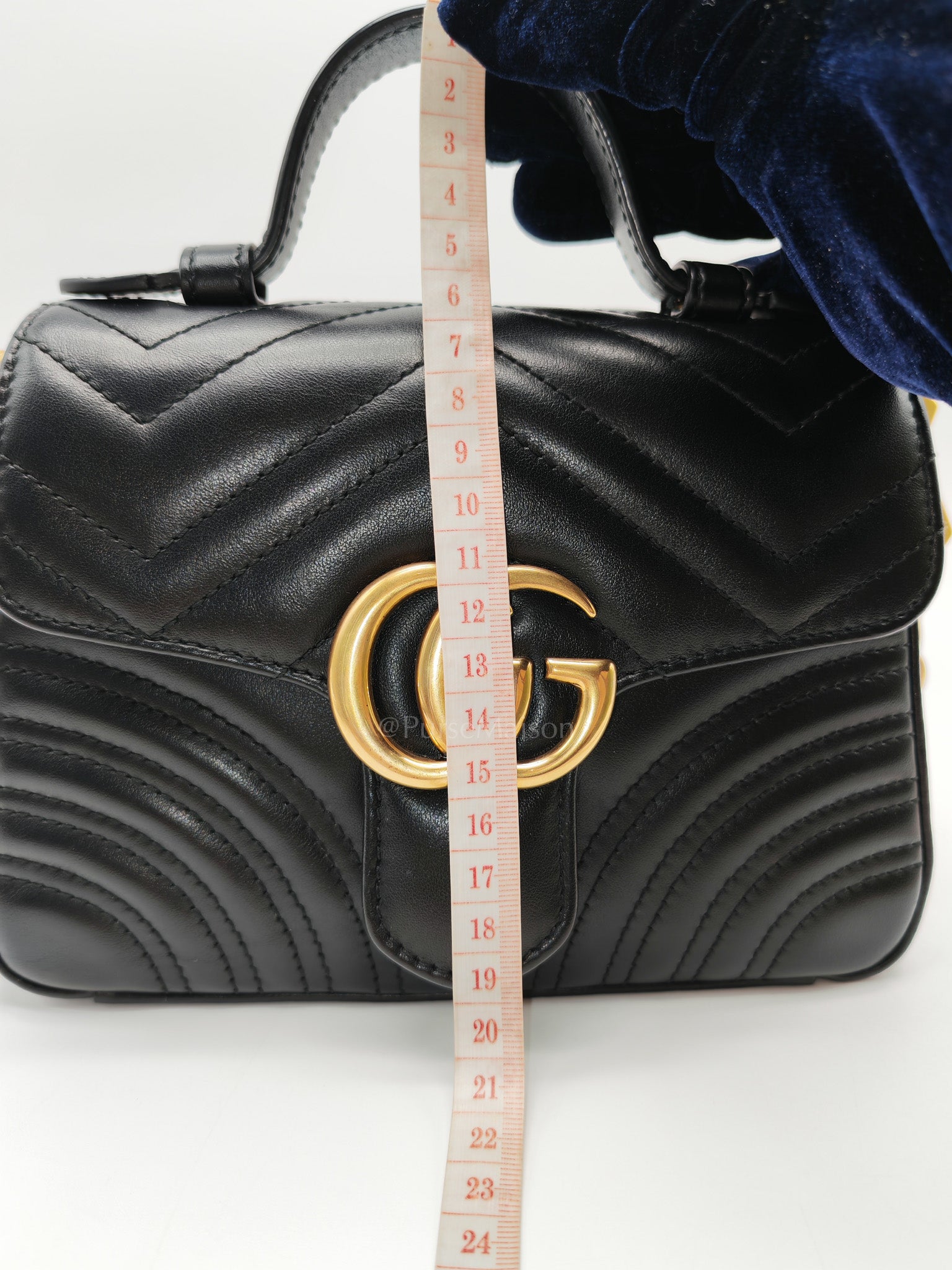 GG Marmont Mini Top Handle Bag in Black Matelasse Chevron Quilted Calfskin Leather & Aged Gold Hardware