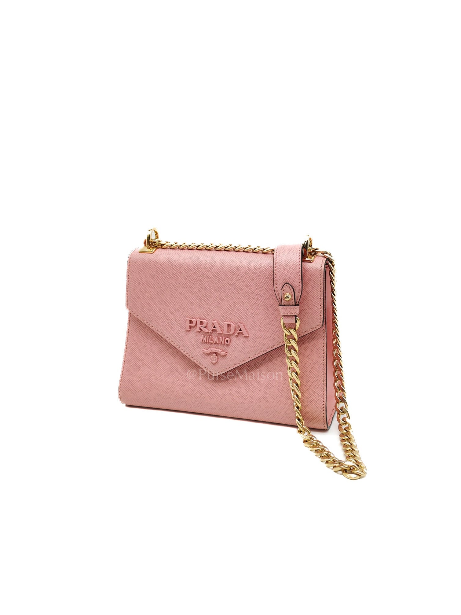 Prada Monochrome Envelope Flap Chain Shoulder Bag in Pink Cuir Calfskin Leather and Gold Hardware