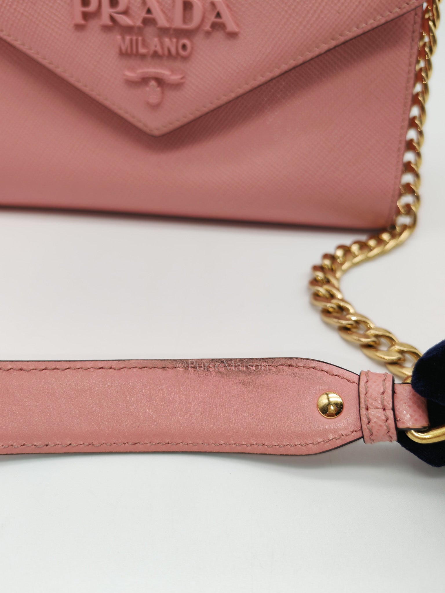Prada Monochrome Envelope Flap Chain Shoulder Bag in Pink Cuir Calfskin Leather and Gold Hardware
