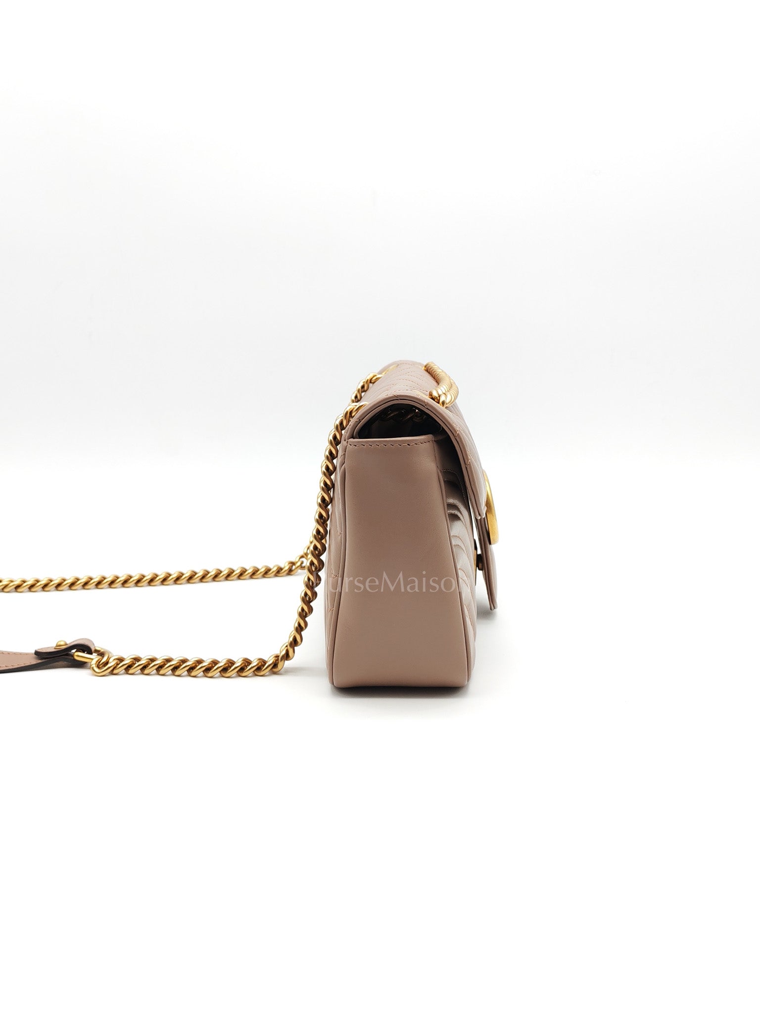 GG Marmont Small Shoulder Bag In Porcelain Rose Chevron Quilted Matelasse Calfskin Leather & Gold Hardware