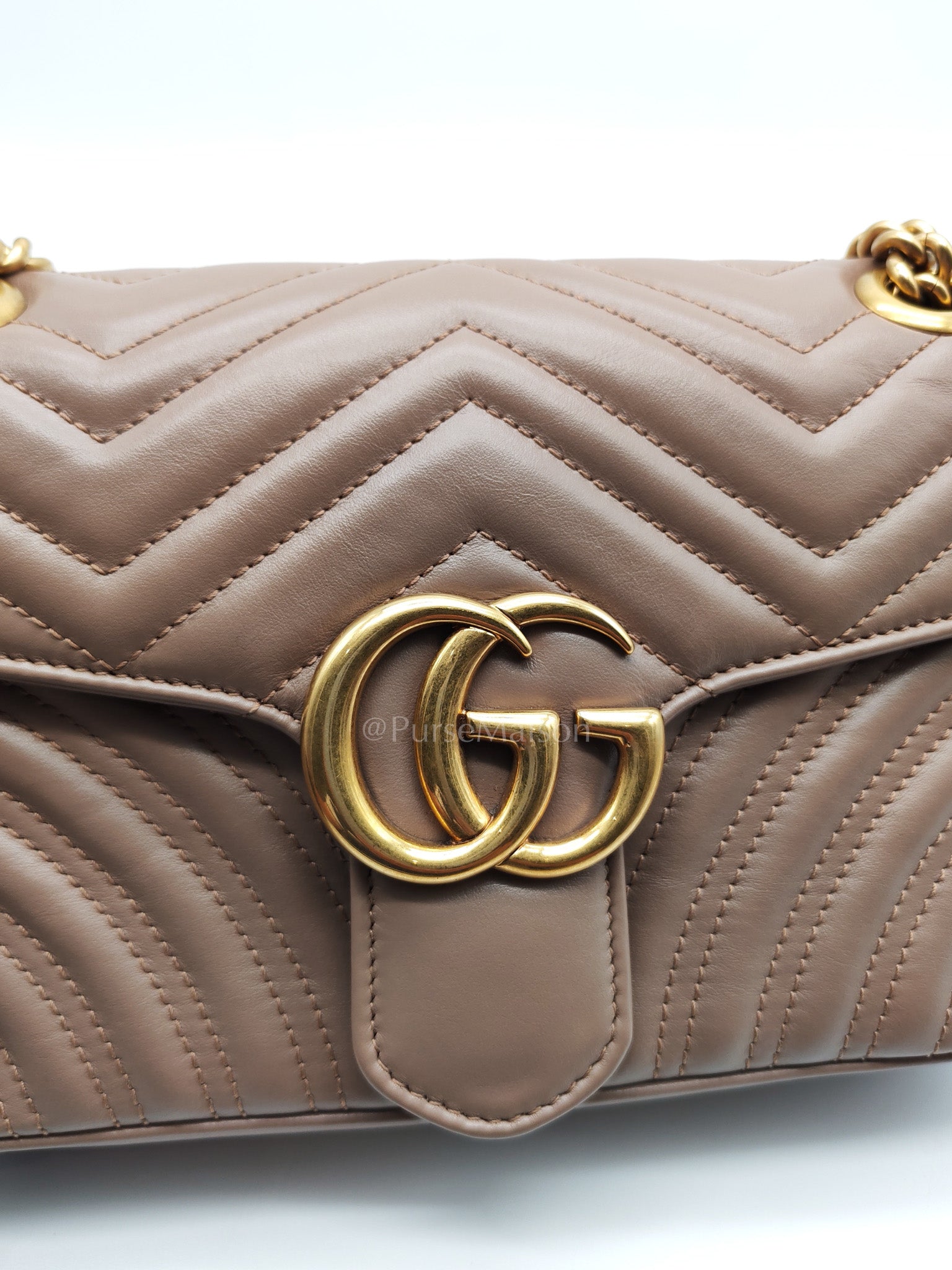 GG Marmont Small Shoulder Bag In Porcelain Rose Chevron Quilted Matelasse Calfskin Leather & Gold Hardware