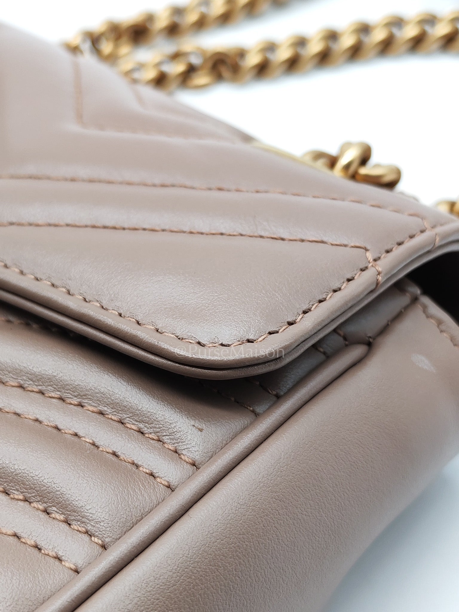 GG Marmont Small Shoulder Bag In Porcelain Rose Chevron Quilted Matelasse Calfskin Leather & Gold Hardware