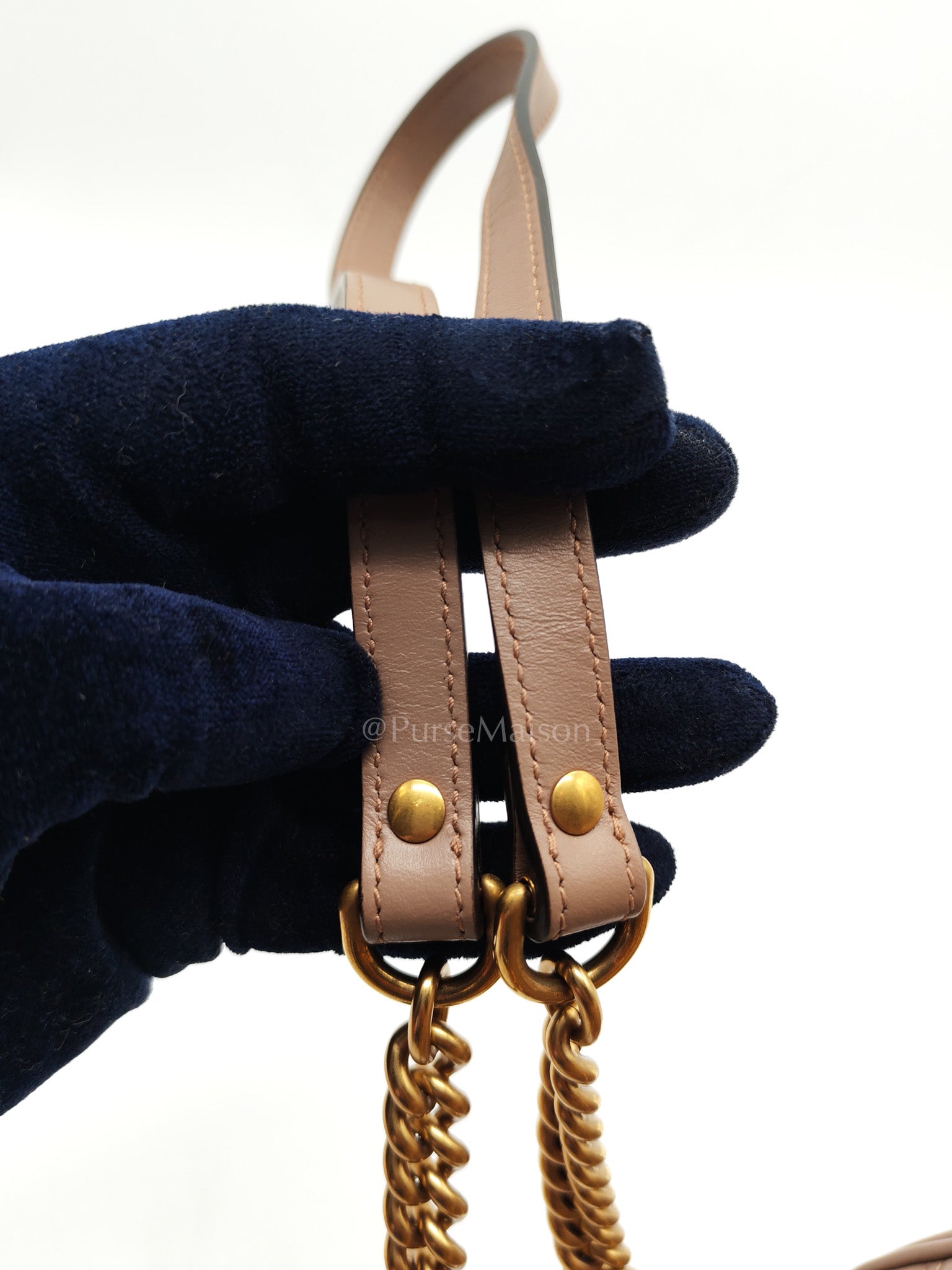 GG Marmont Small Shoulder Bag In Porcelain Rose Chevron Quilted Matelasse Calfskin Leather & Gold Hardware