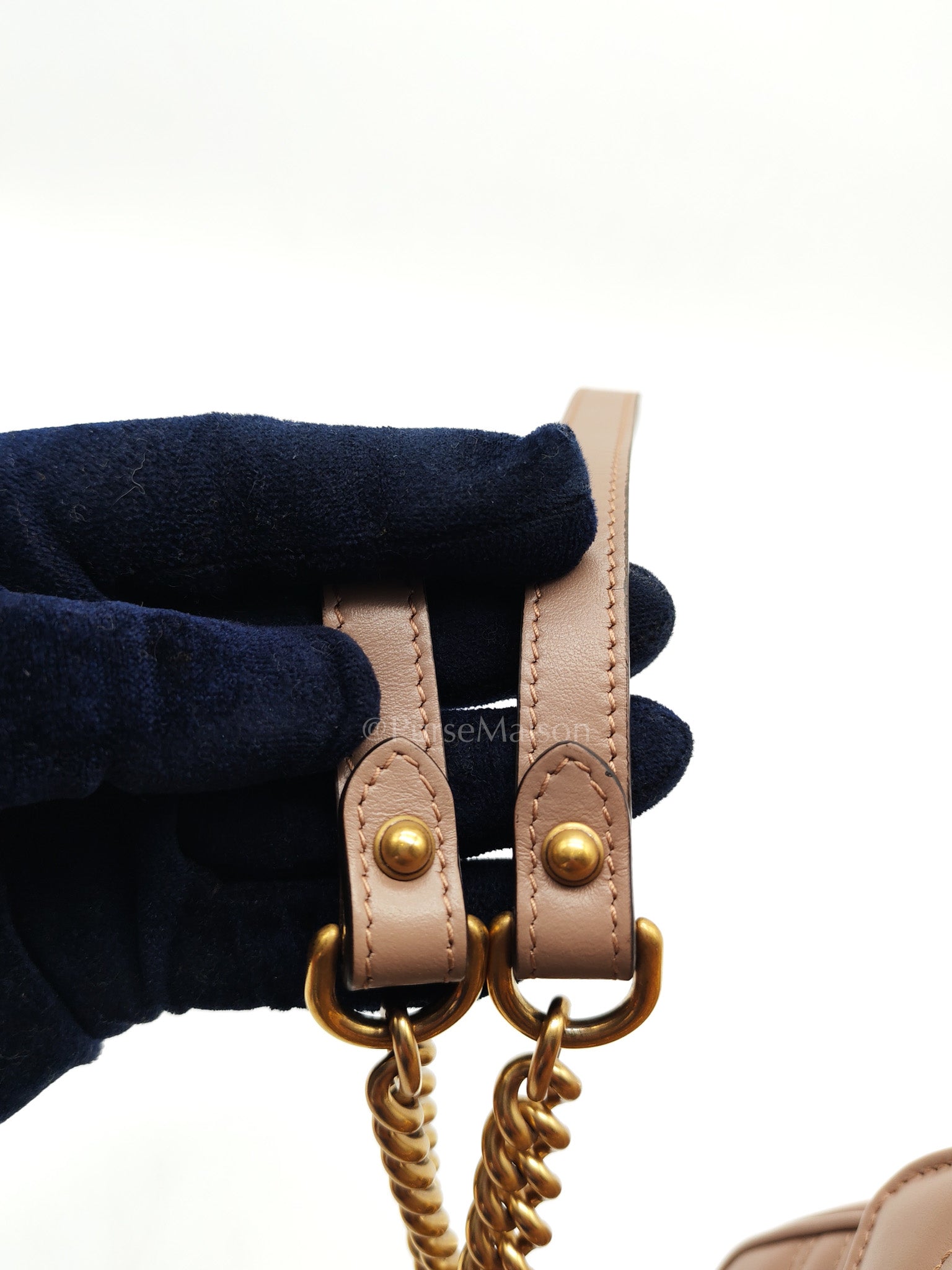 GG Marmont Small Shoulder Bag In Porcelain Rose Chevron Quilted Matelasse Calfskin Leather & Gold Hardware