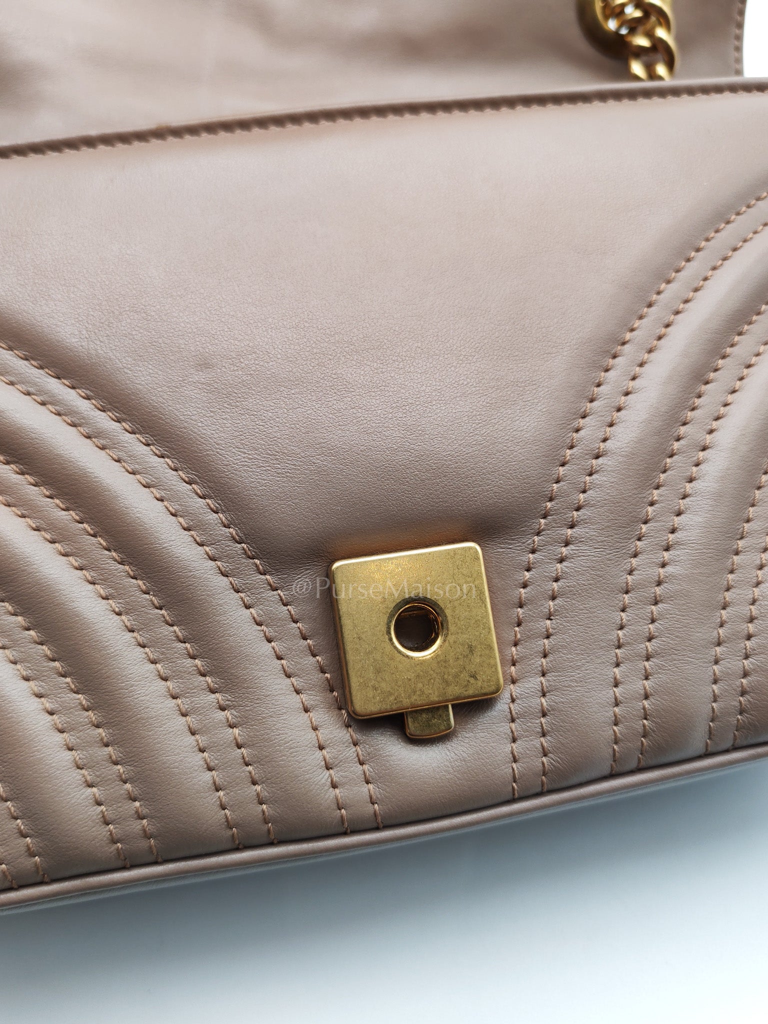 GG Marmont Small Shoulder Bag In Porcelain Rose Chevron Quilted Matelasse Calfskin Leather & Gold Hardware