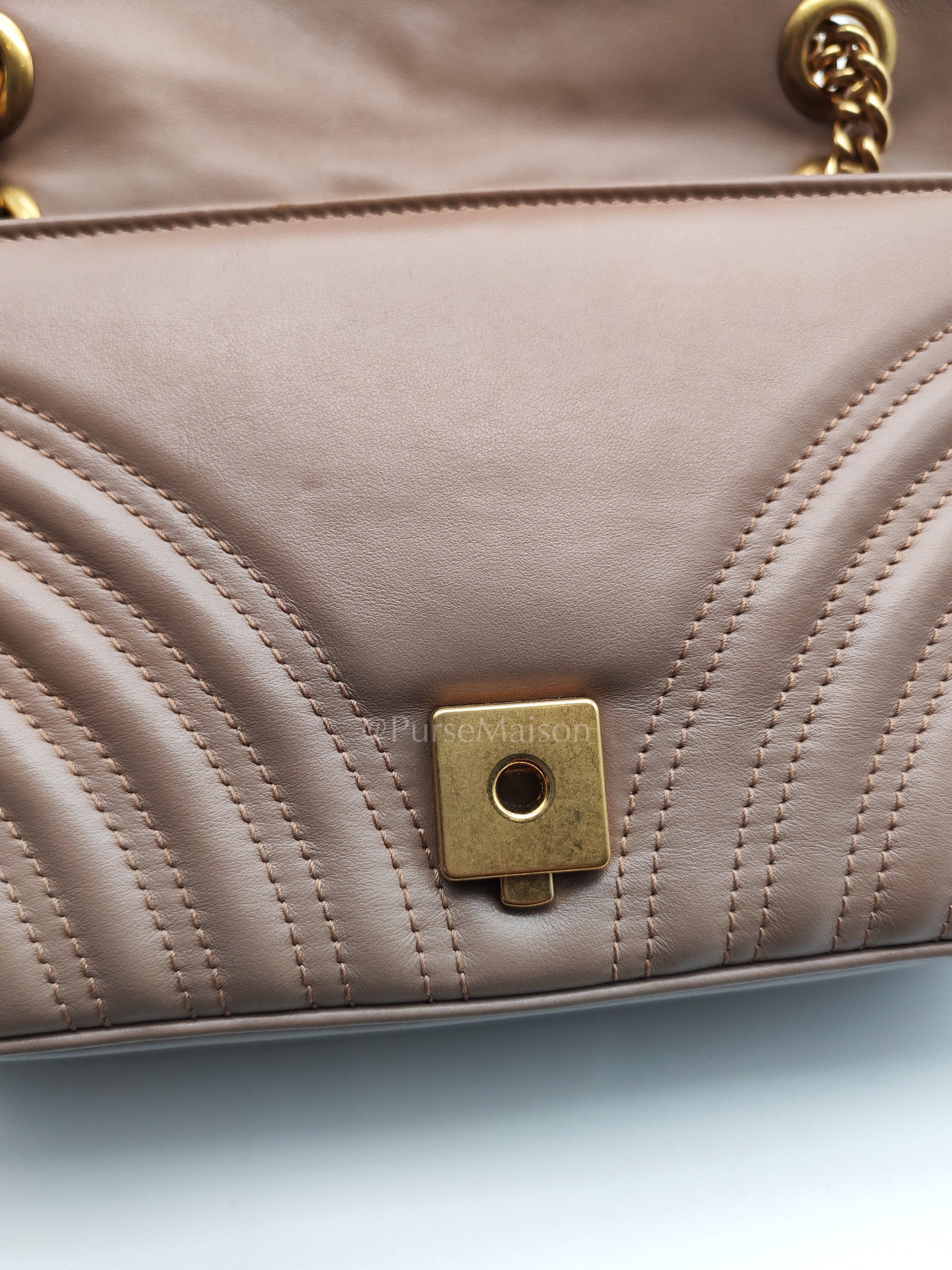 GG Marmont Small Shoulder Bag In Porcelain Rose Chevron Quilted Matelasse Calfskin Leather & Gold Hardware