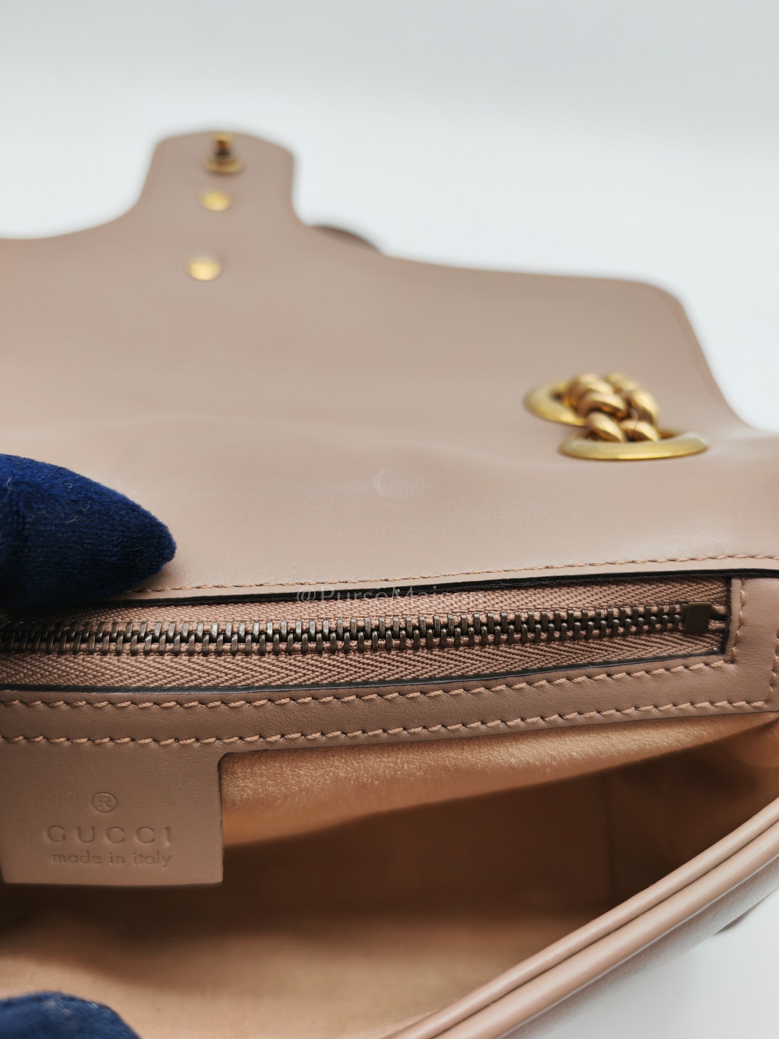 GG Marmont Small Shoulder Bag In Porcelain Rose Chevron Quilted Matelasse Calfskin Leather & Gold Hardware