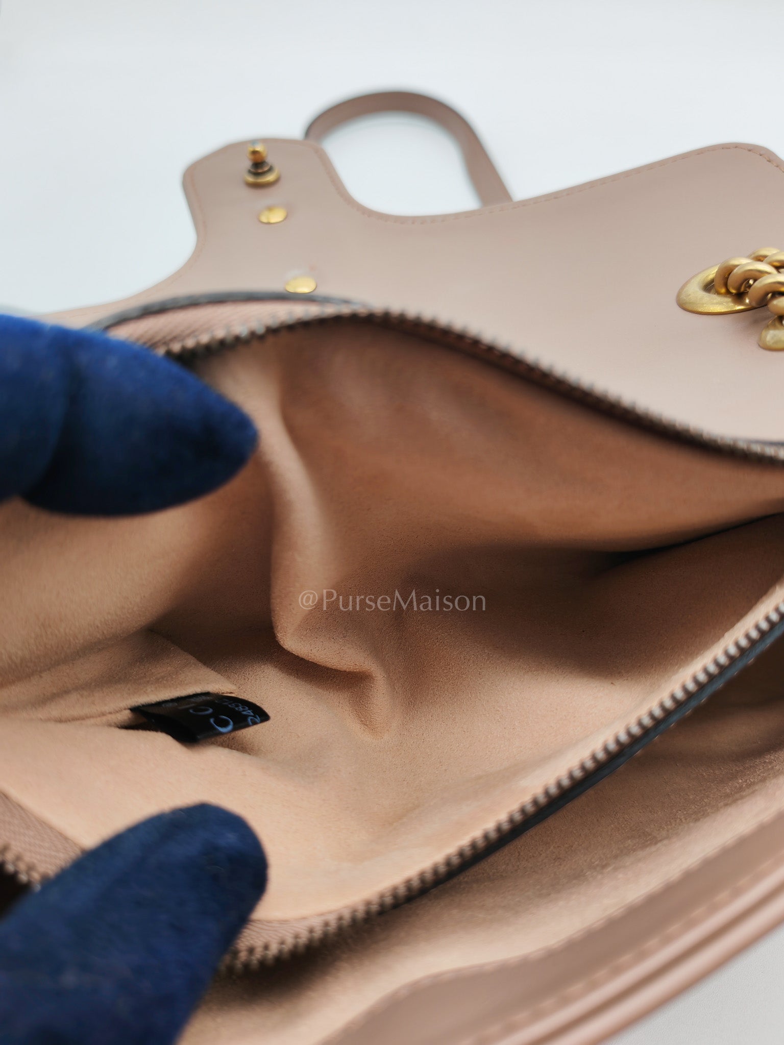 GG Marmont Small Shoulder Bag In Porcelain Rose Chevron Quilted Matelasse Calfskin Leather & Gold Hardware