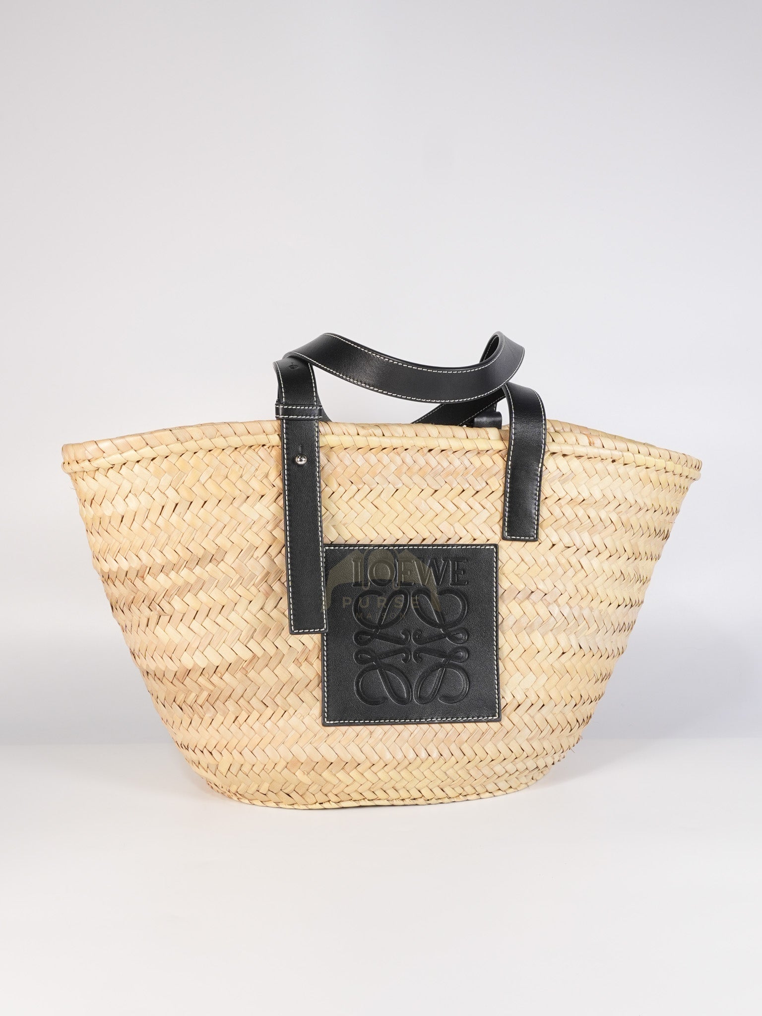 Anagram Woven Raffia Basket Bag & Black Leather | Purse Maison Luxury Bags Shop