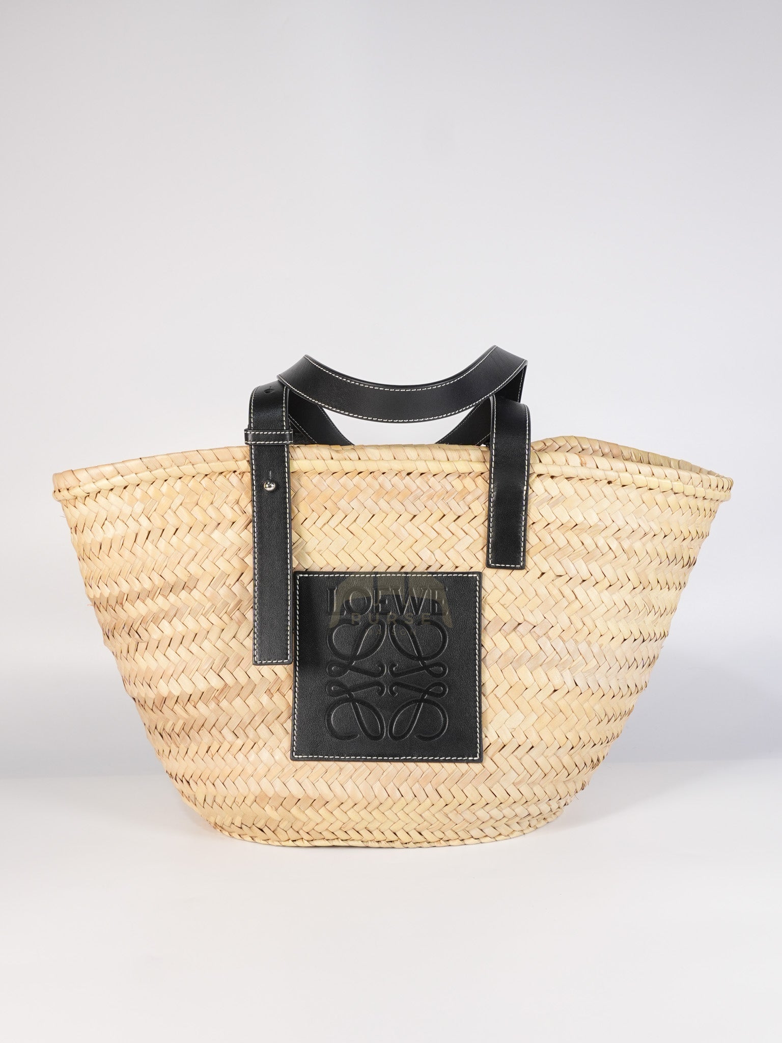 Anagram Woven Raffia Basket Bag & Black Leather | Purse Maison Luxury Bags Shop