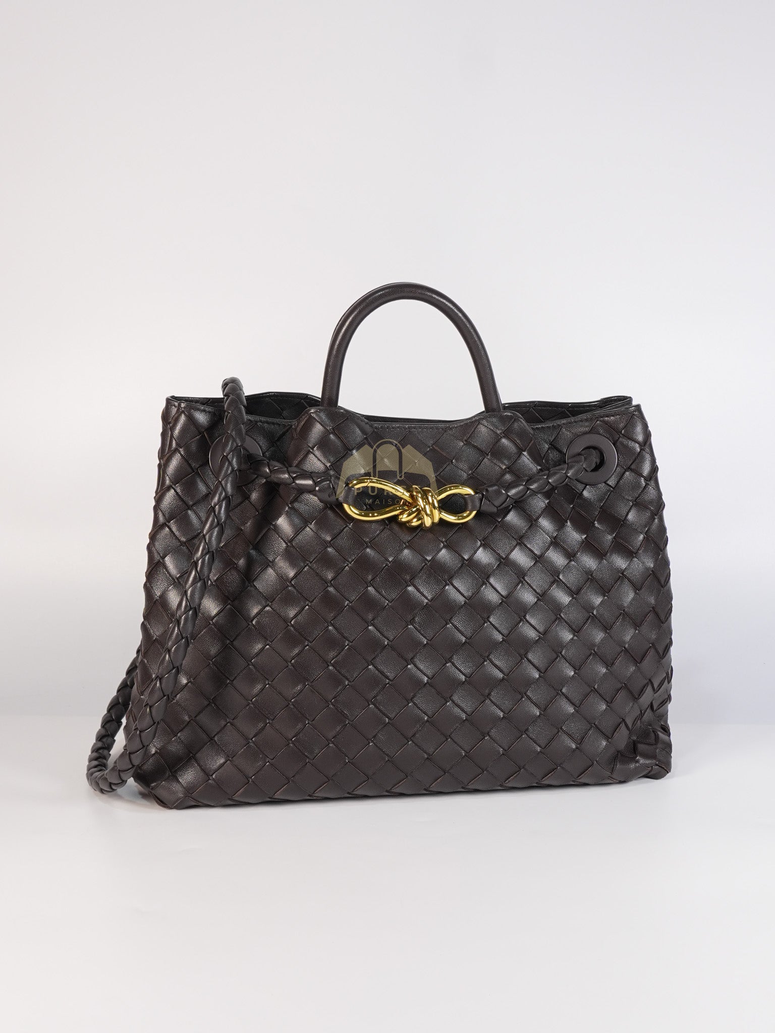 Andiamo Medium Tote Bag in Dark Brown Intrecciato Leather & Gold Hardware | Purse Maison Luxury Bags Shop