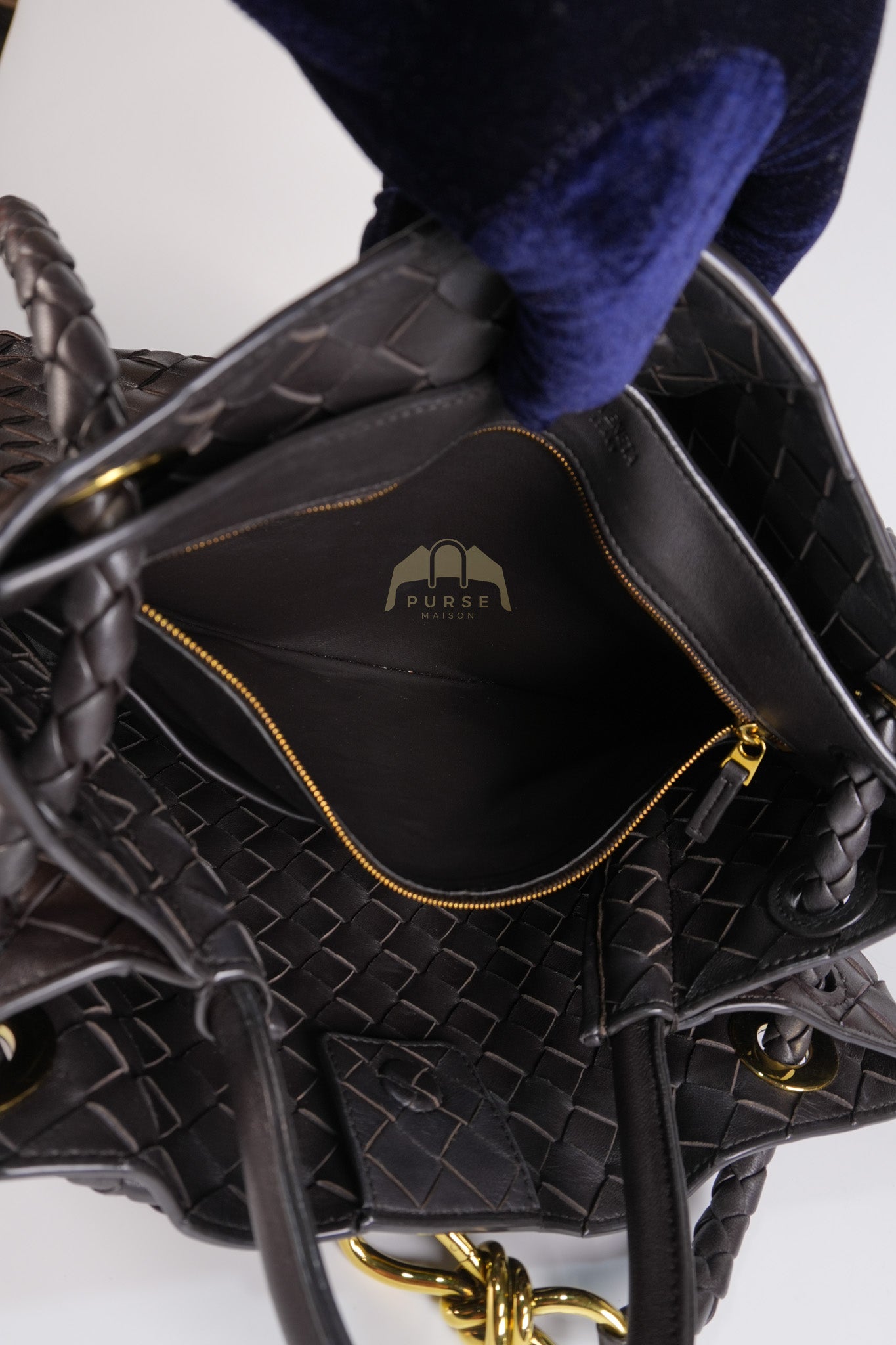 Andiamo Medium Tote Bag in Dark Brown Intrecciato Leather & Gold Hardware | Purse Maison Luxury Bags Shop