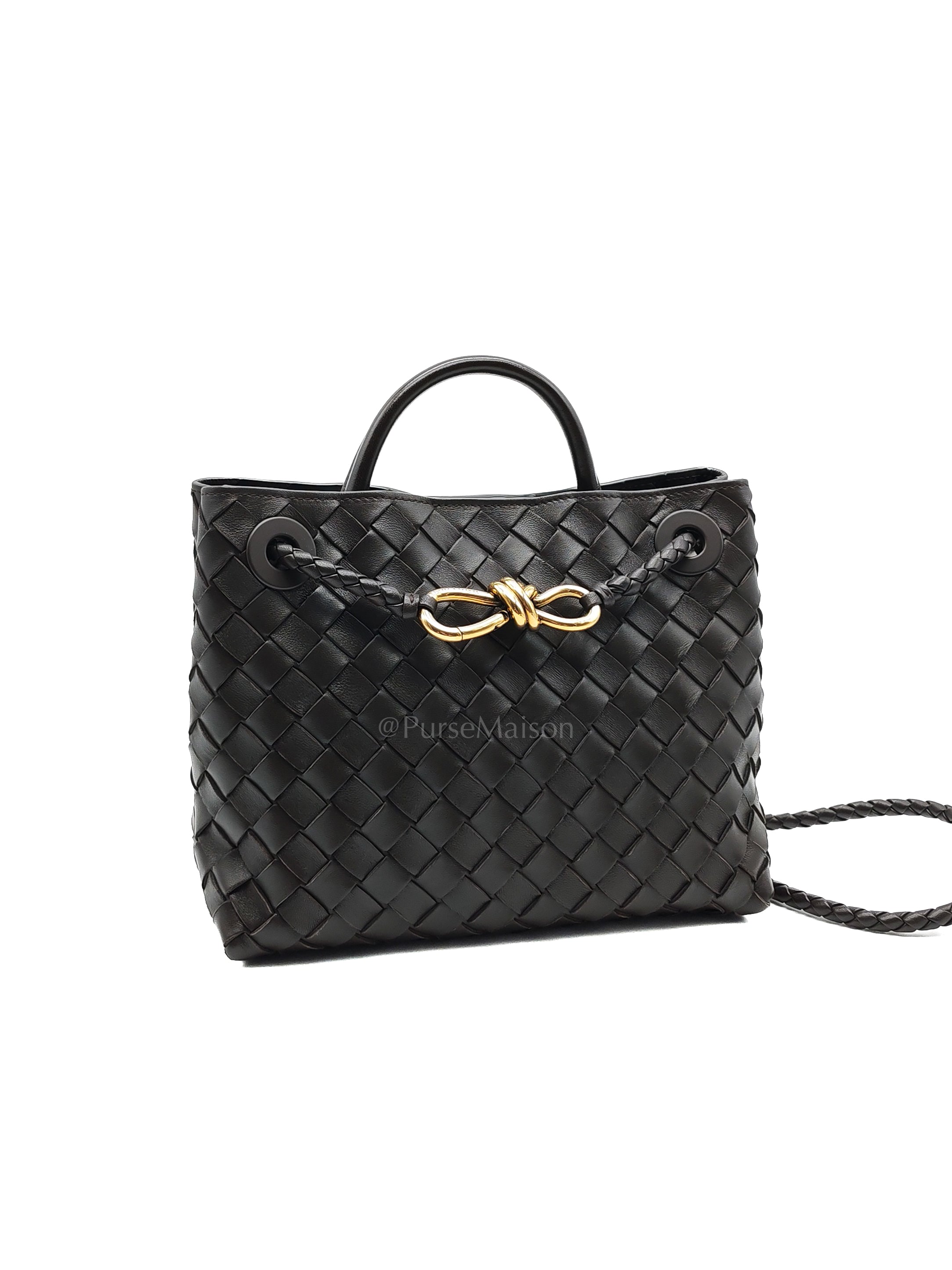 Andiamo Shoulder Bag Small in Dark Chocolate Brown Intrecciato Leather & Gold Hardware | Purse Maison Luxury Bags Shop