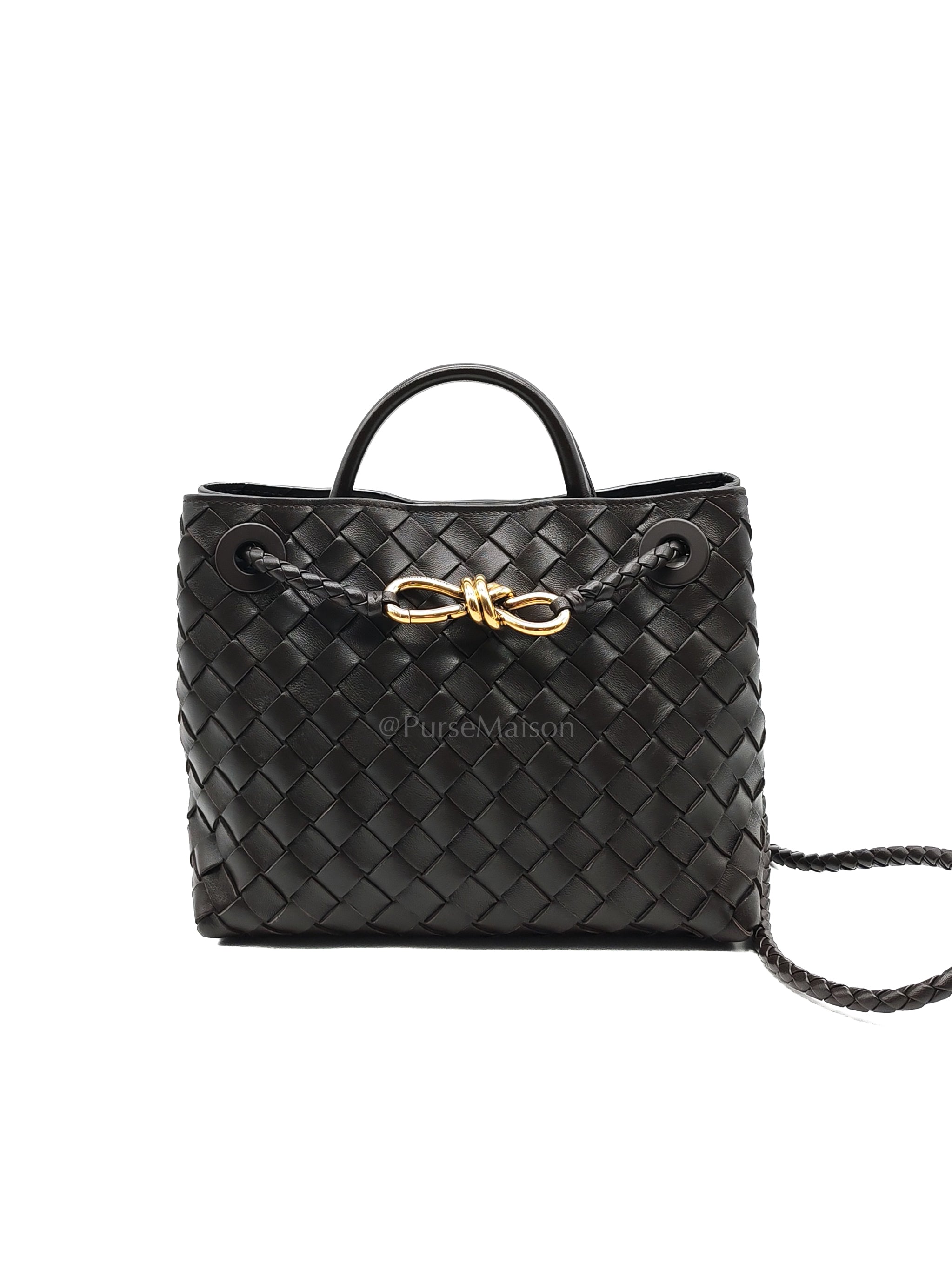 Andiamo Shoulder Bag Small in Dark Chocolate Brown Intrecciato Leather & Gold Hardware | Purse Maison Luxury Bags Shop