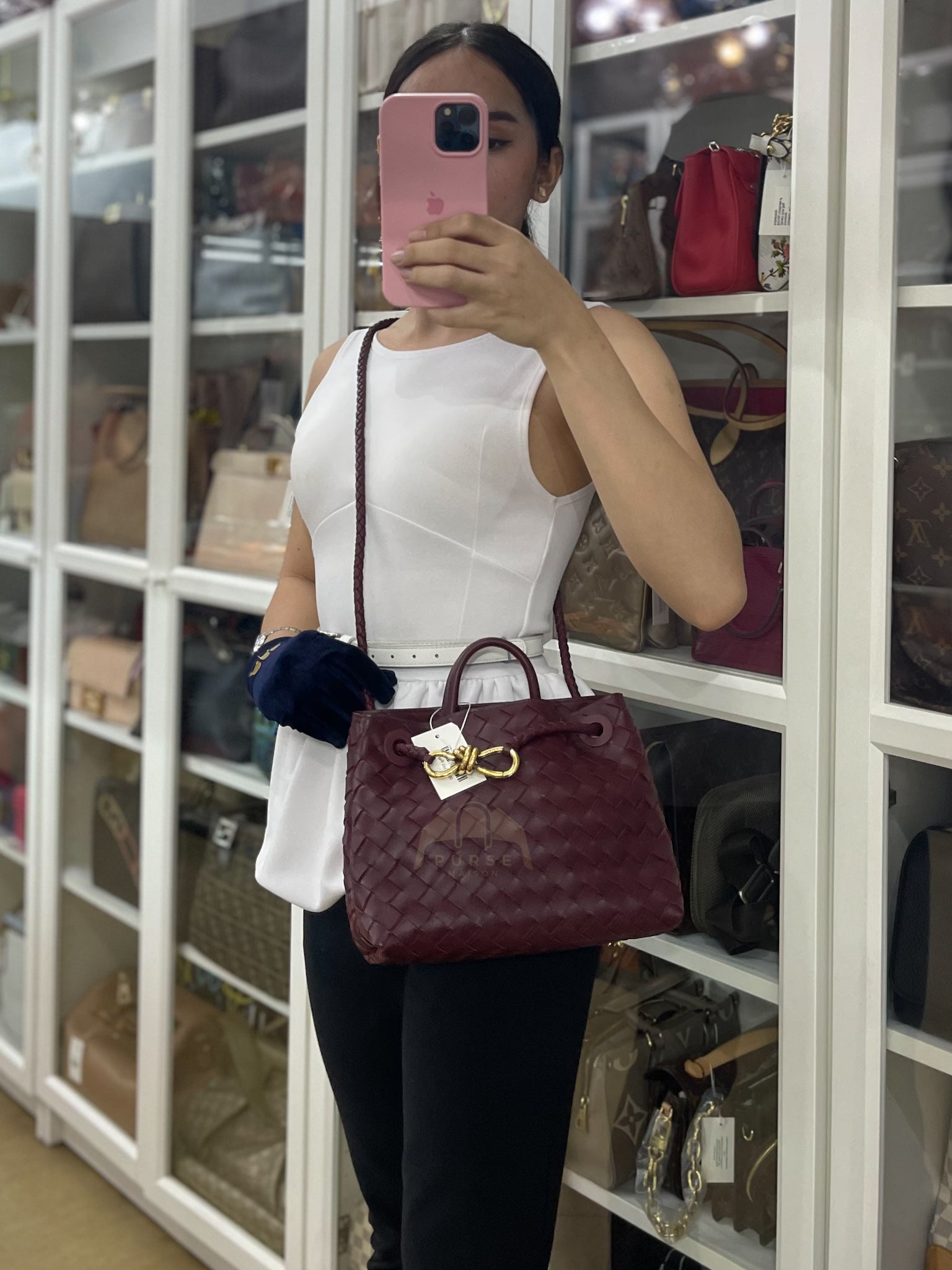 Andiamo Small in Burgundy Nappa Intrecciato Leather Shoulder Bag | Purse Maison Luxury Bags Shop