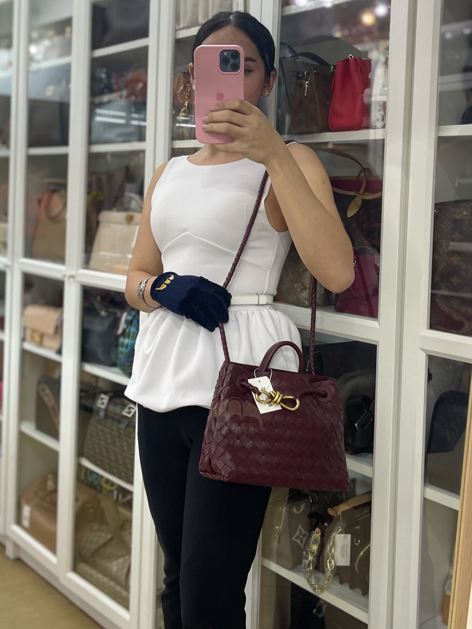 Andiamo Small in Burgundy Nappa Intrecciato Leather Shoulder Bag | Purse Maison Luxury Bags Shop
