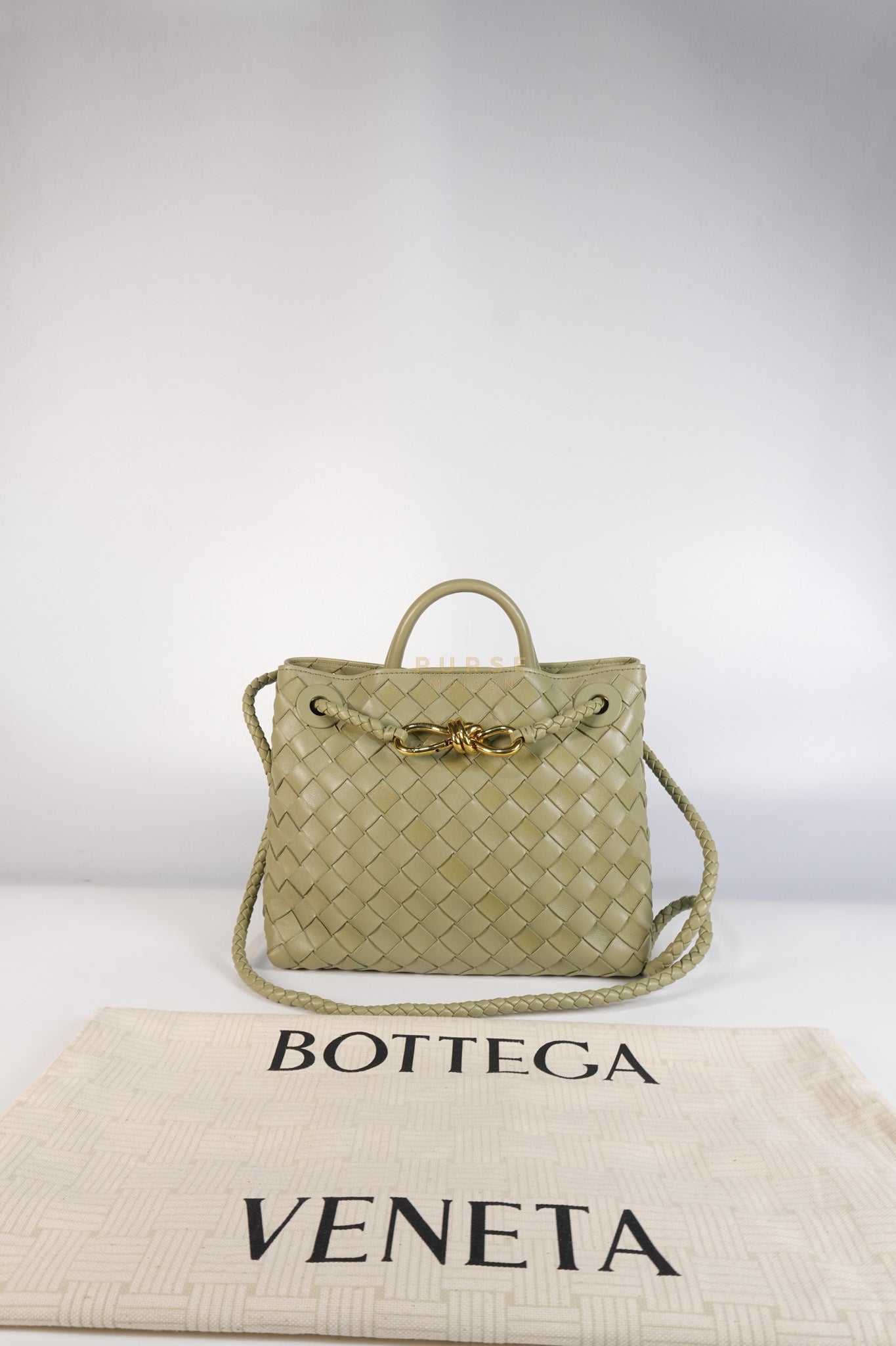 Andiamo Medium in Travertine Intrecciato Leather | Purse Maison Luxury Bags Shop