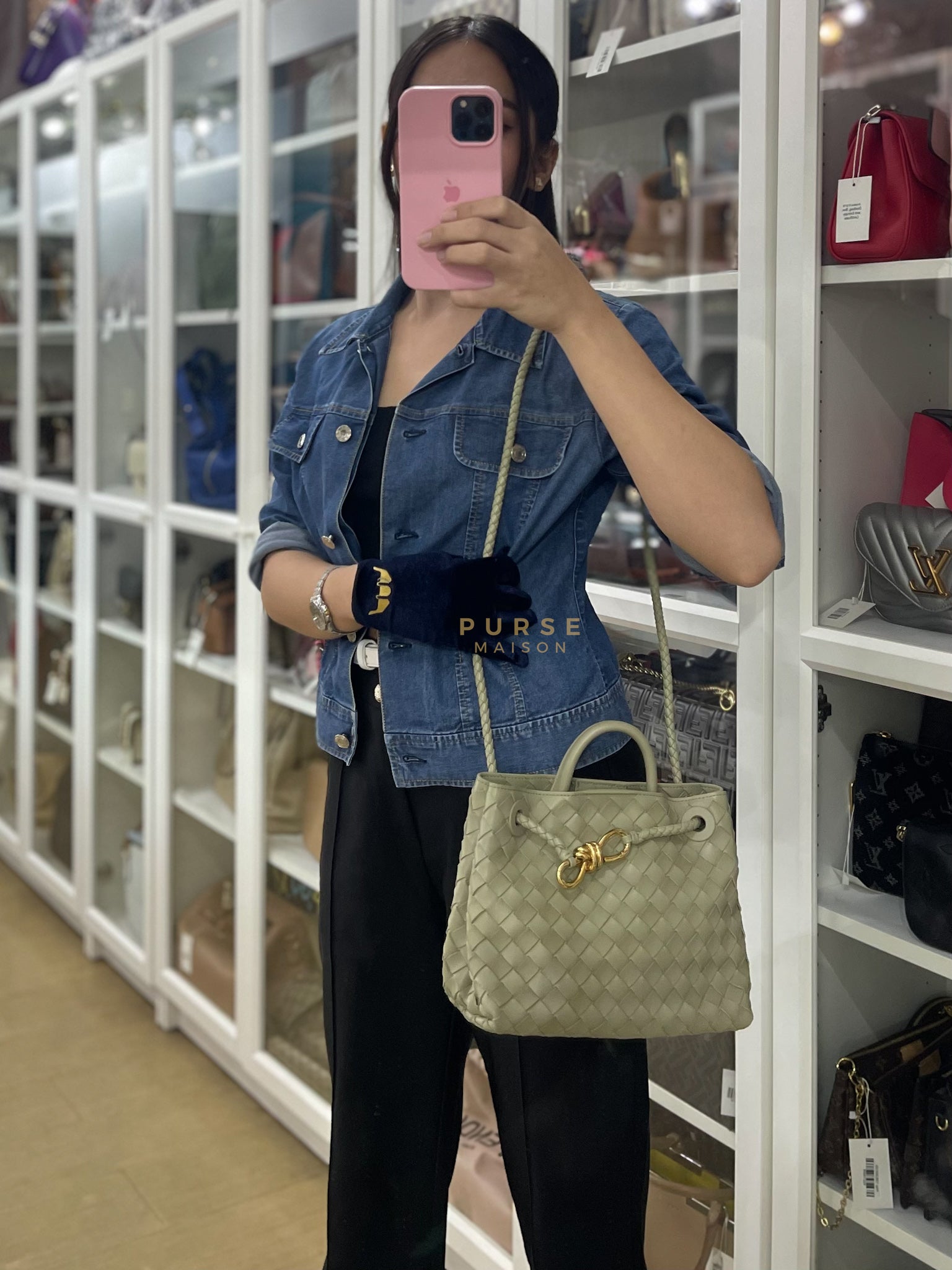 Andiamo Small in Travertine Intrecciato Leather | Purse Maison Luxury Bags Shop