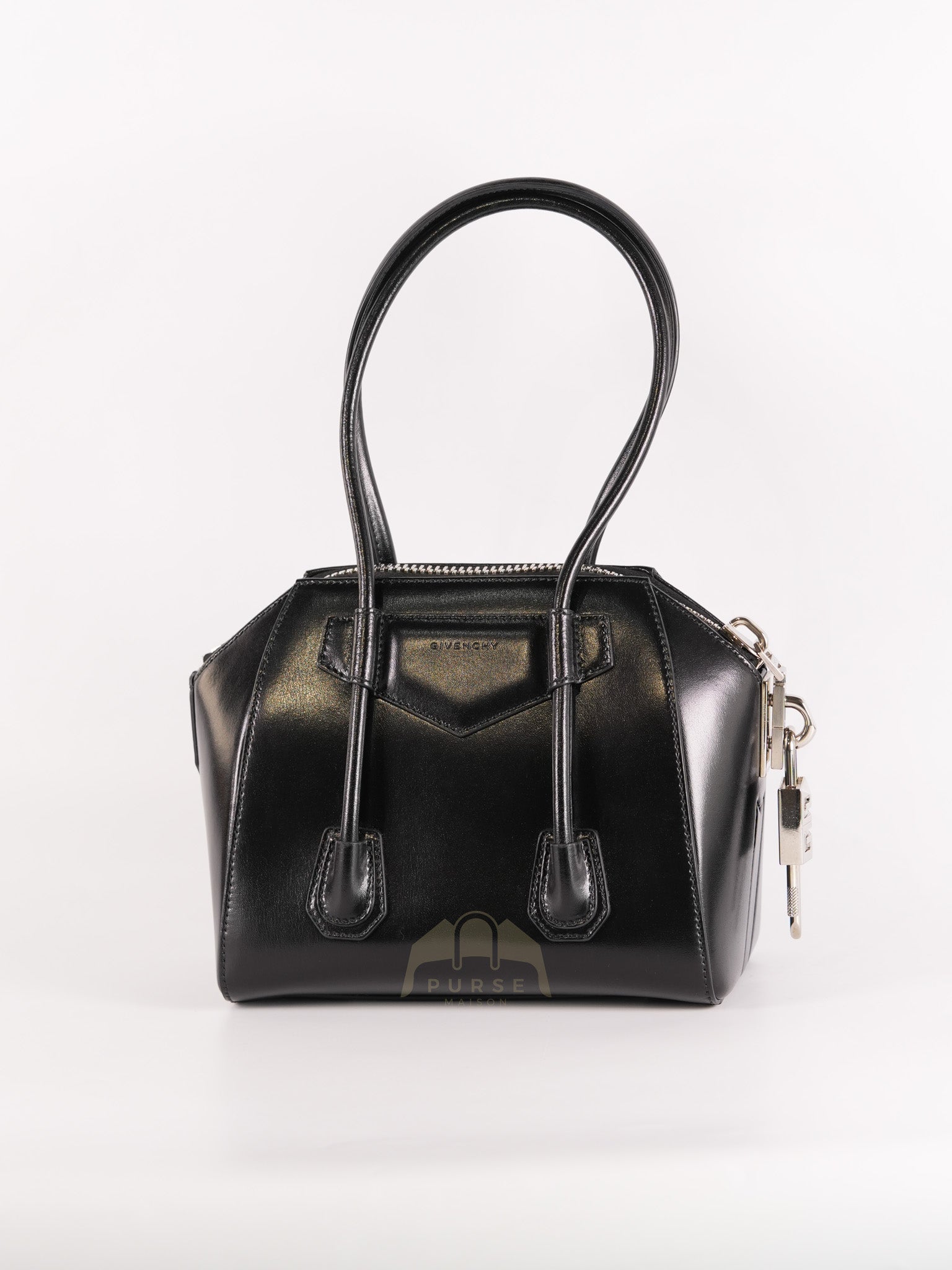 Antigona Lock Mini Handbag in Black Smooth Shiny Calfskin Leather | Purse Maison Luxury Bags Shop