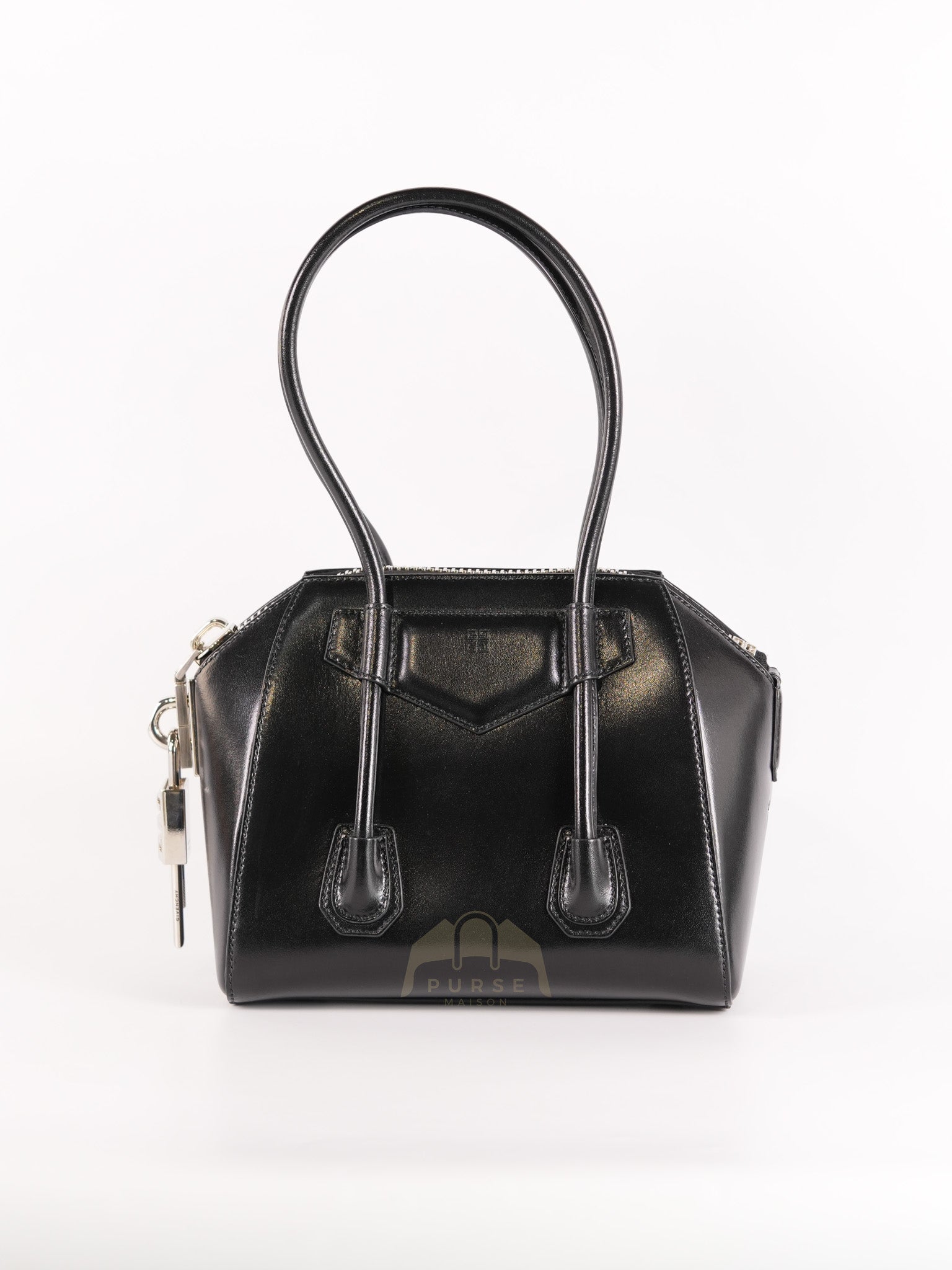 Antigona Lock Mini Handbag in Black Smooth Shiny Calfskin Leather | Purse Maison Luxury Bags Shop