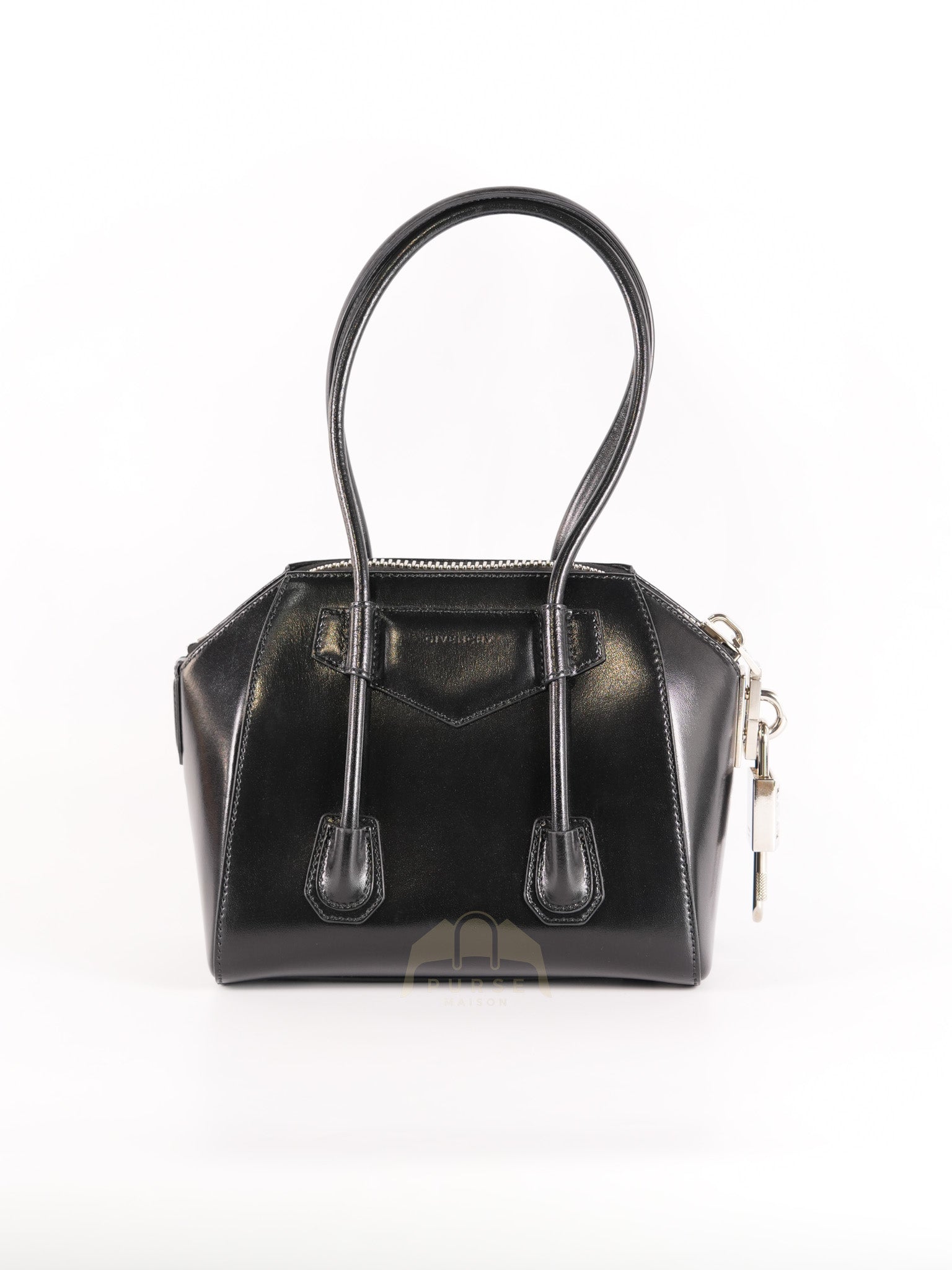 Antigona Lock Mini Handbag in Black Smooth Shiny Calfskin Leather | Purse Maison Luxury Bags Shop