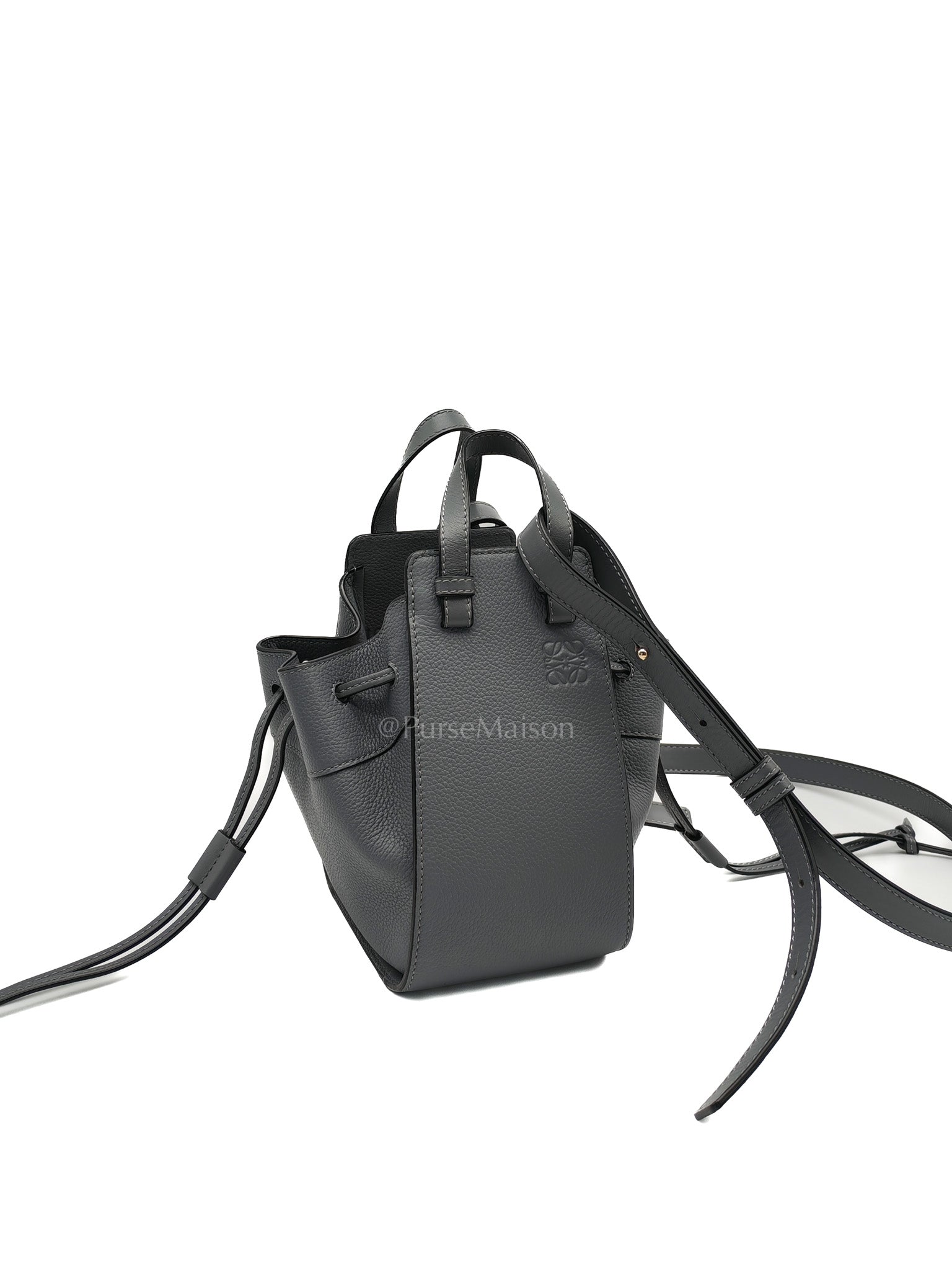 Loewe Mini Hammock Drawstring Bag in Gray Grained Calfskin Leather and Gold Hardware
