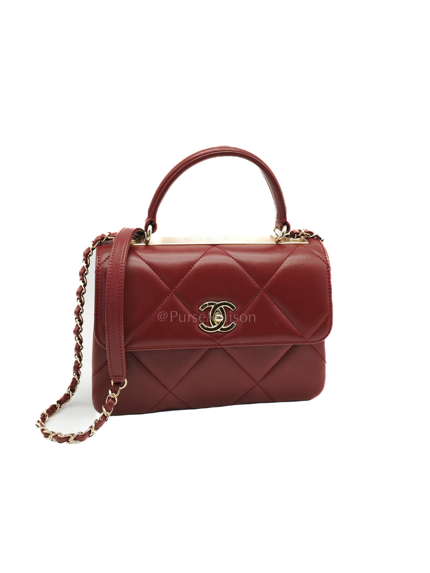 Trendy CC Top Handle Small in Burgundy Lambskin Leather Light Gold Hardware (Series 28)