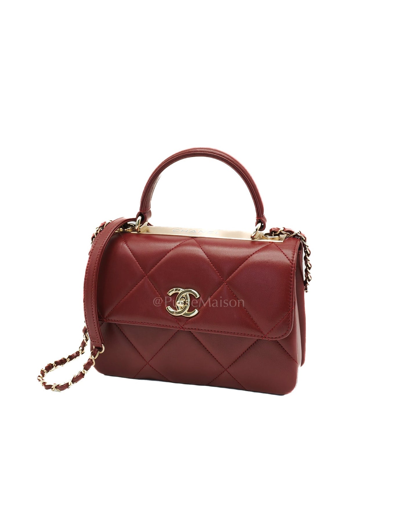 Trendy CC Top Handle Small in Burgundy Lambskin Leather Light Gold Hardware (Series 28)