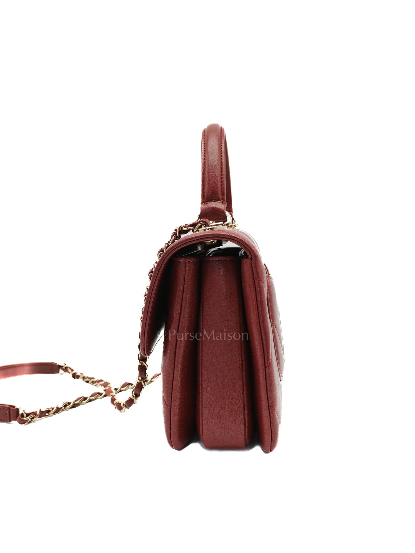 Trendy CC Top Handle Small in Burgundy Lambskin Leather Light Gold Hardware (Series 28)