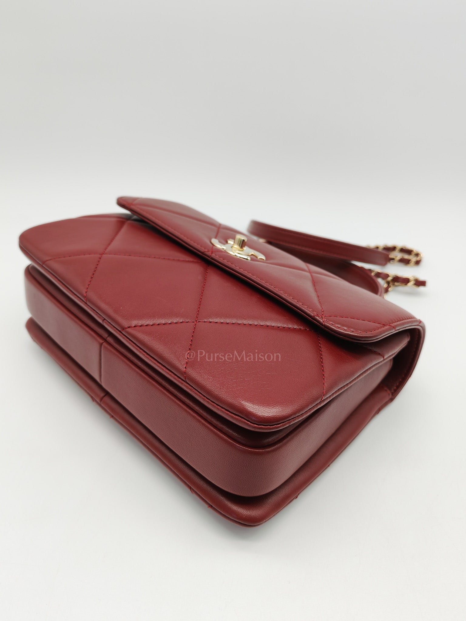 Trendy CC Top Handle Small in Burgundy Lambskin Leather Light Gold Hardware (Series 28)