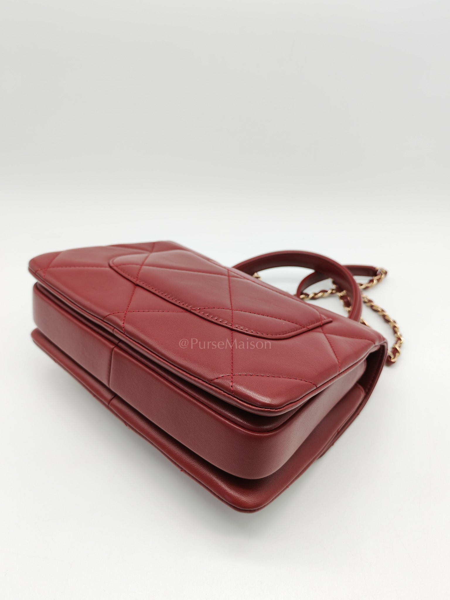 Trendy CC Top Handle Small in Burgundy Lambskin Leather Light Gold Hardware (Series 28)