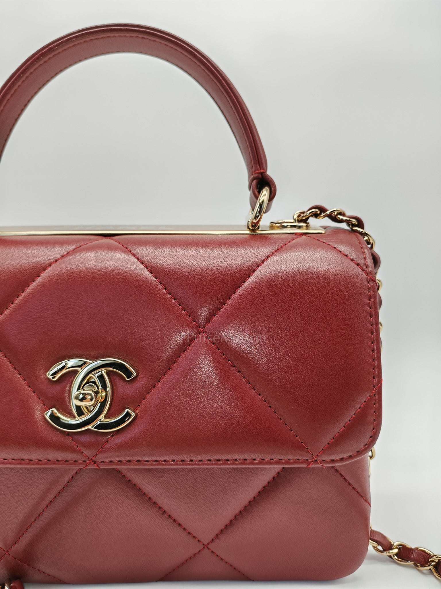 Trendy CC Top Handle Small in Burgundy Lambskin Leather Light Gold Hardware (Series 28)