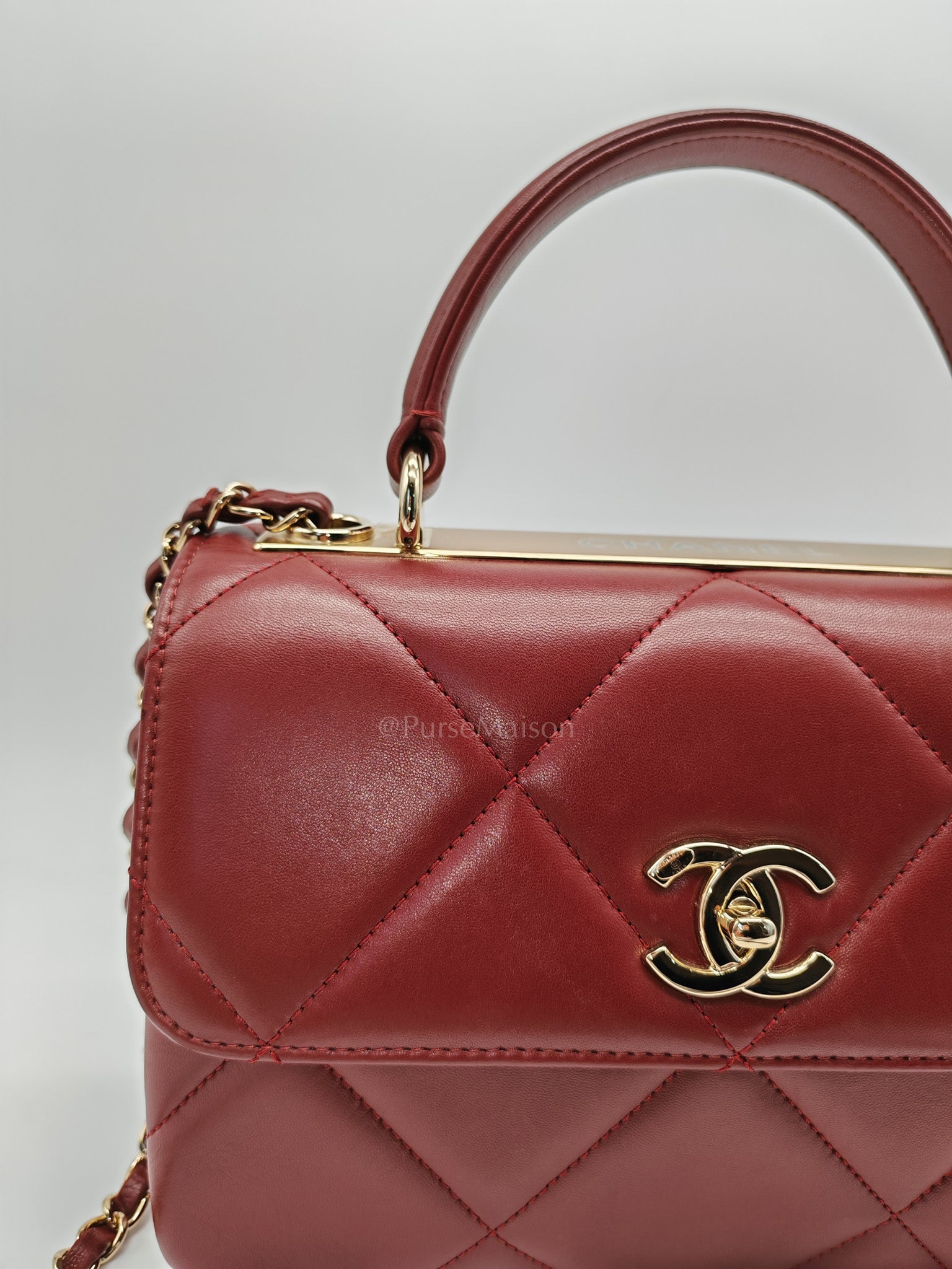 Trendy CC Top Handle Small in Burgundy Lambskin Leather Light Gold Hardware (Series 28)