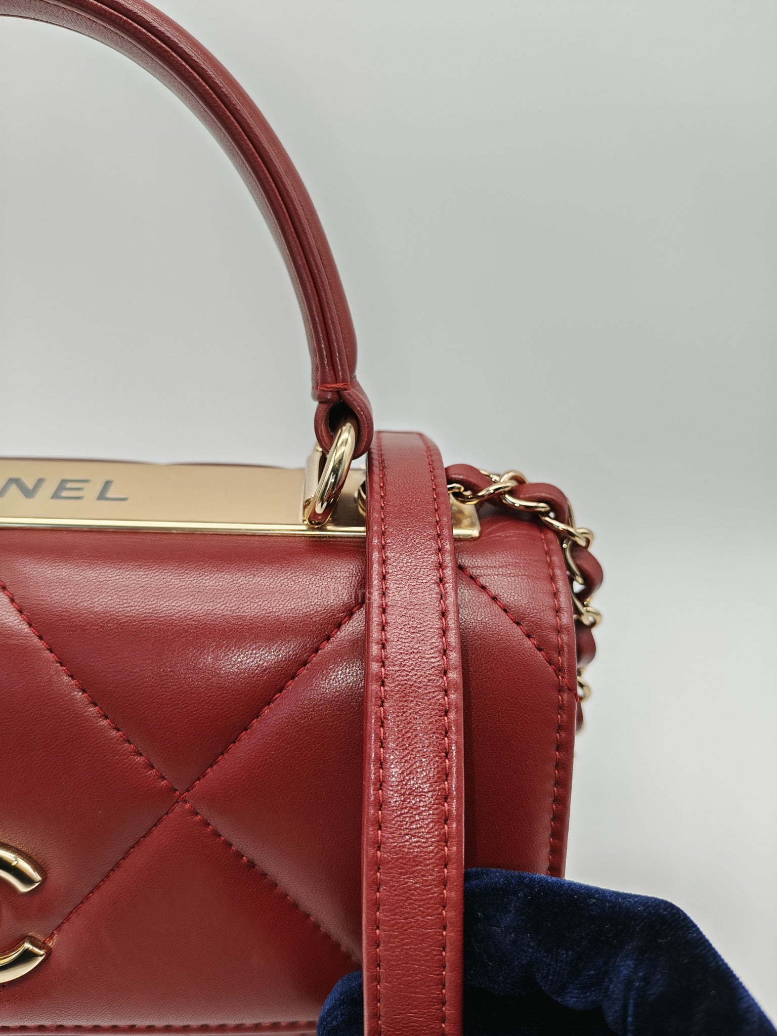 Trendy CC Top Handle Small in Burgundy Lambskin Leather Light Gold Hardware (Series 28)