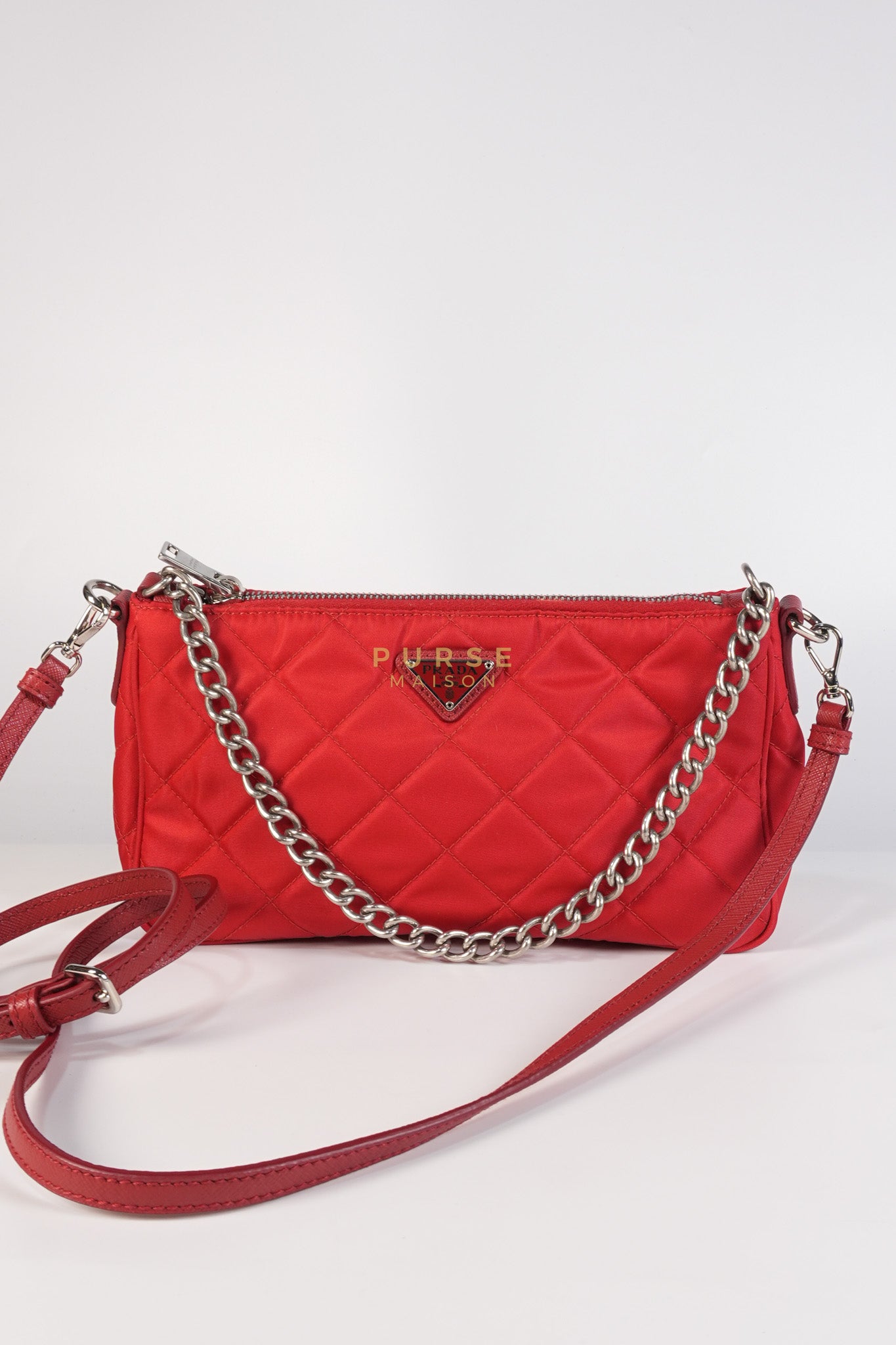 Baguette in Red Nylon Tessuto Impunto Two Way Bag | Purse Maison Luxury Bags Shop