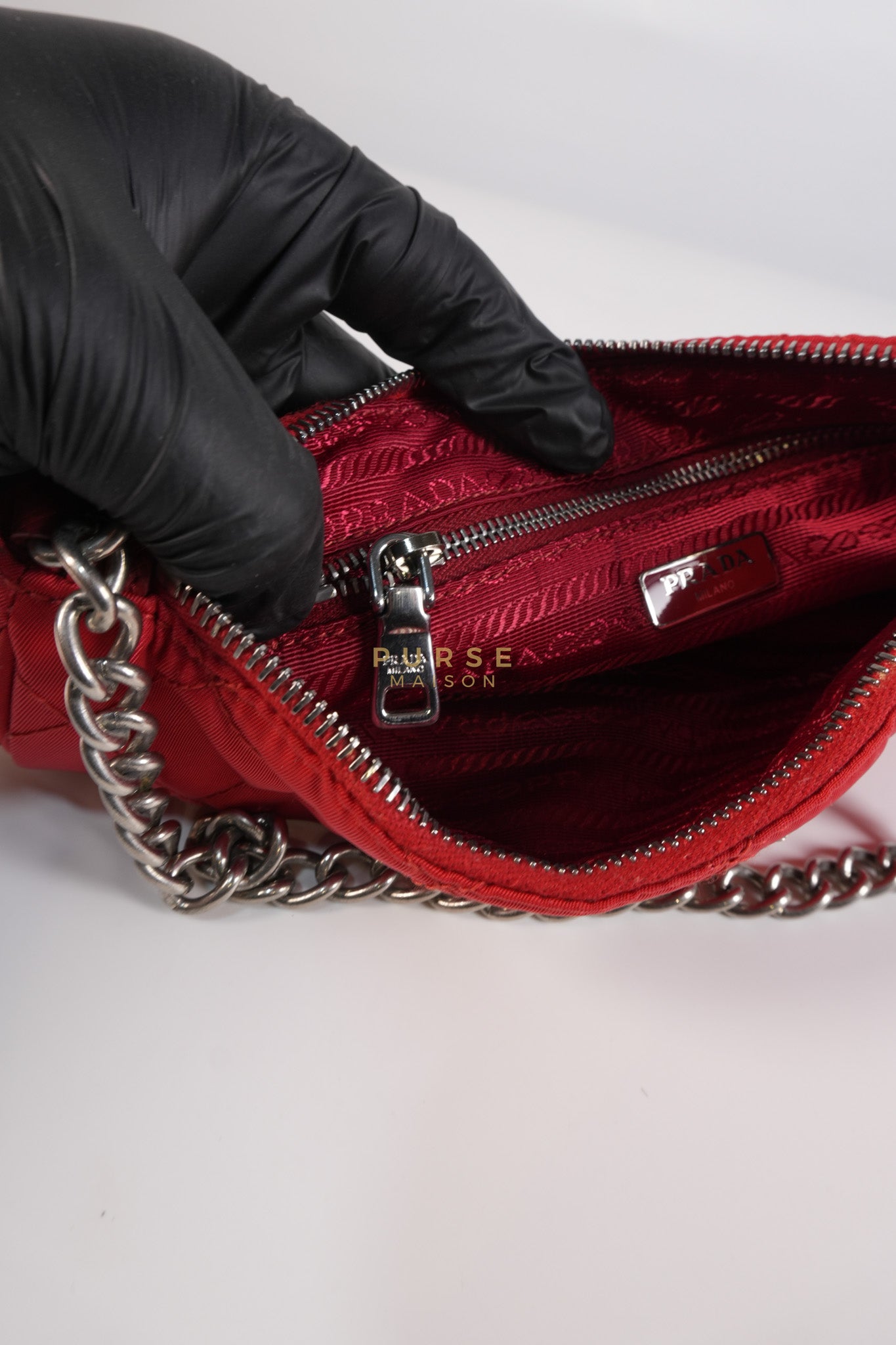 Baguette in Red Nylon Tessuto Impunto Two Way Bag | Purse Maison Luxury Bags Shop