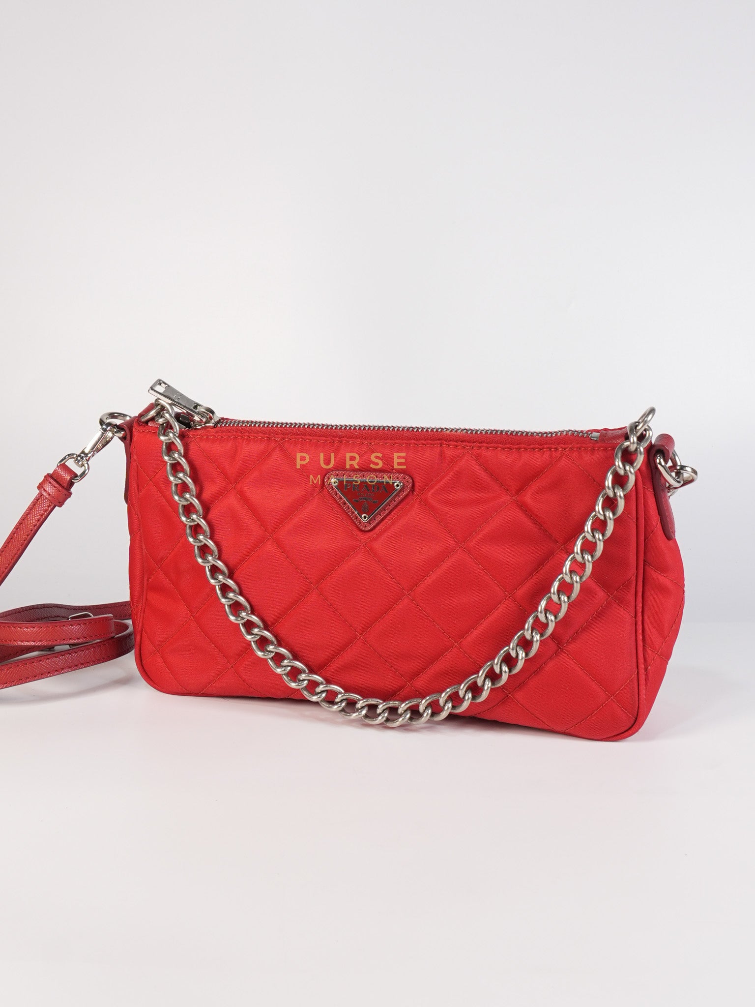 Baguette in Red Nylon Tessuto Impunto Two Way Bag | Purse Maison Luxury Bags Shop