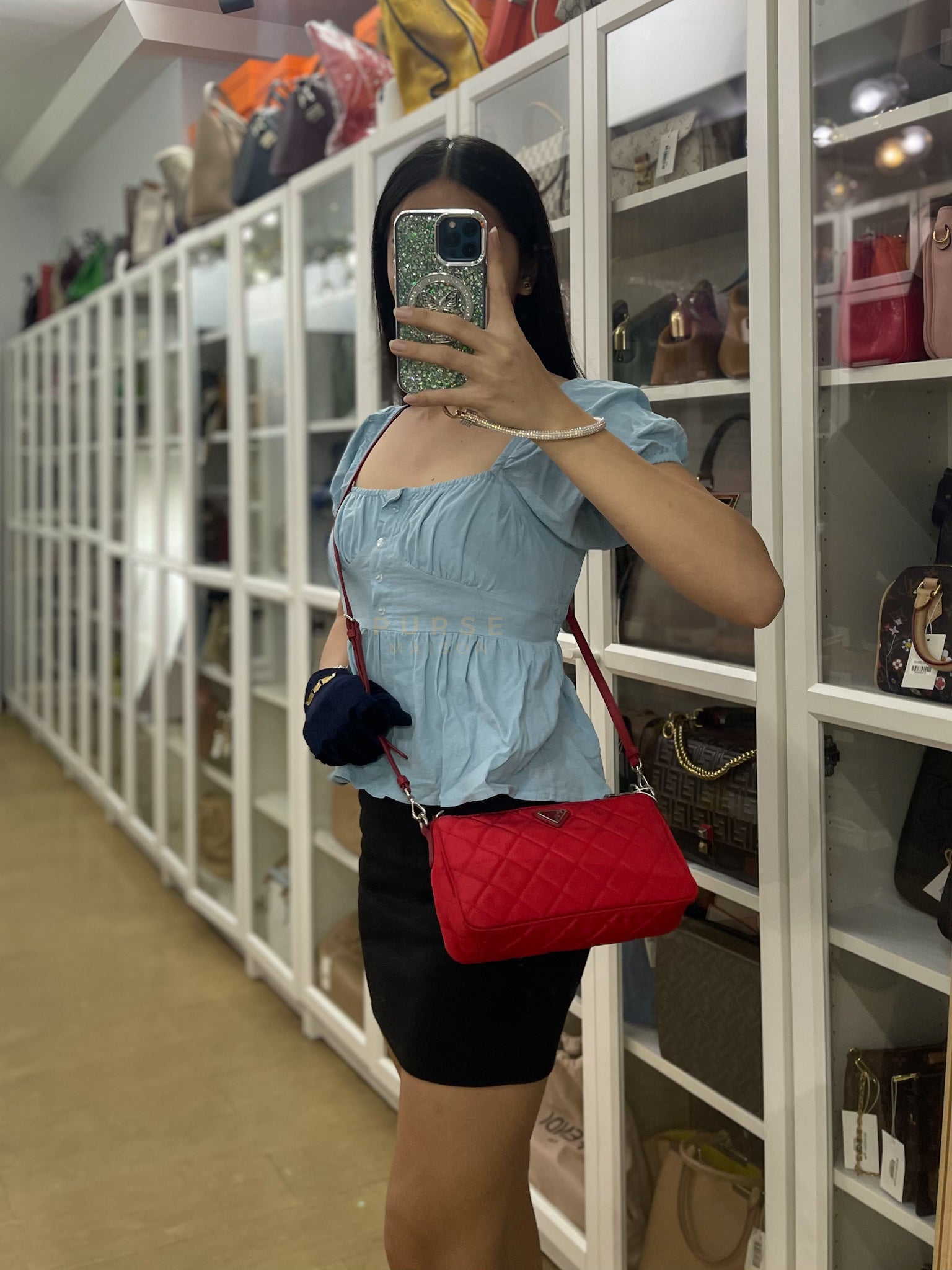 Baguette in Red Nylon Tessuto Impunto Two Way Bag | Purse Maison Luxury Bags Shop