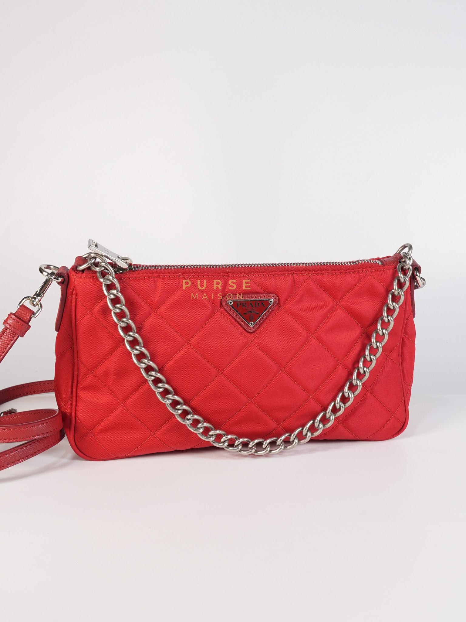 Baguette in Red Nylon Tessuto Impunto Two Way Bag | Purse Maison Luxury Bags Shop