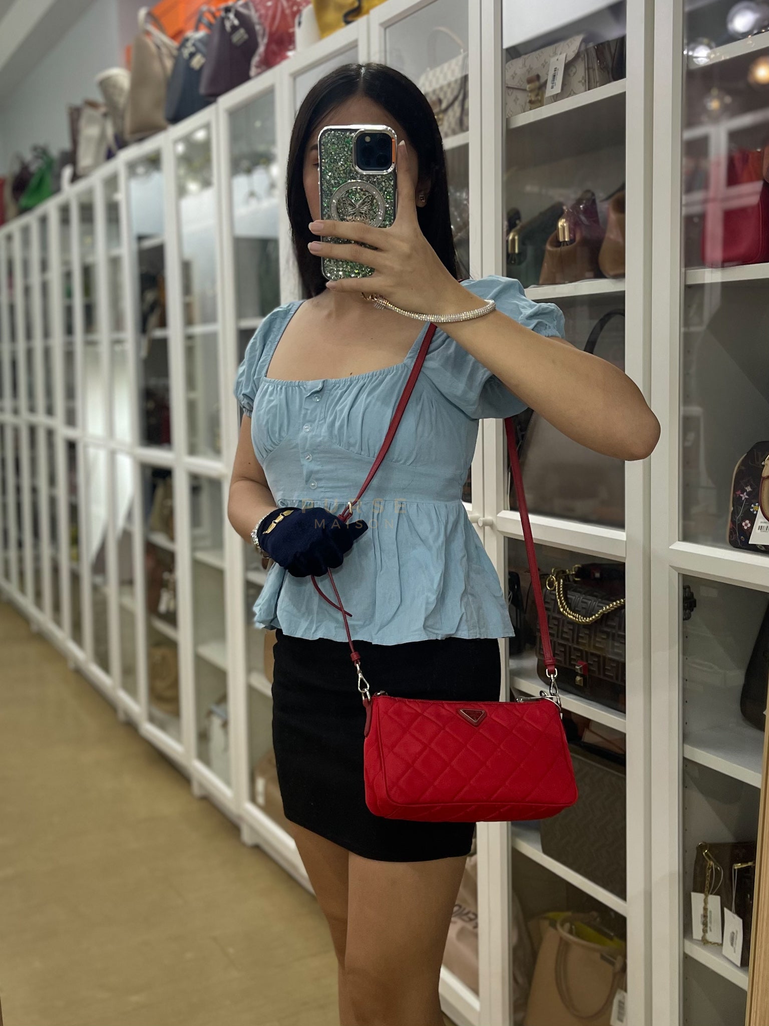 Baguette in Red Nylon Tessuto Impunto Two Way Bag | Purse Maison Luxury Bags Shop