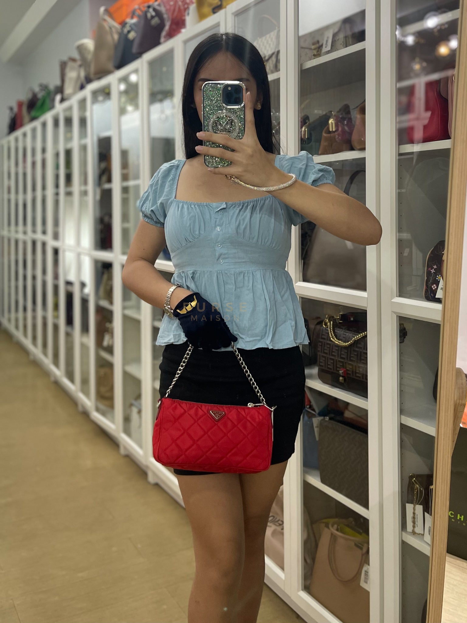 Baguette in Red Nylon Tessuto Impunto Two Way Bag | Purse Maison Luxury Bags Shop