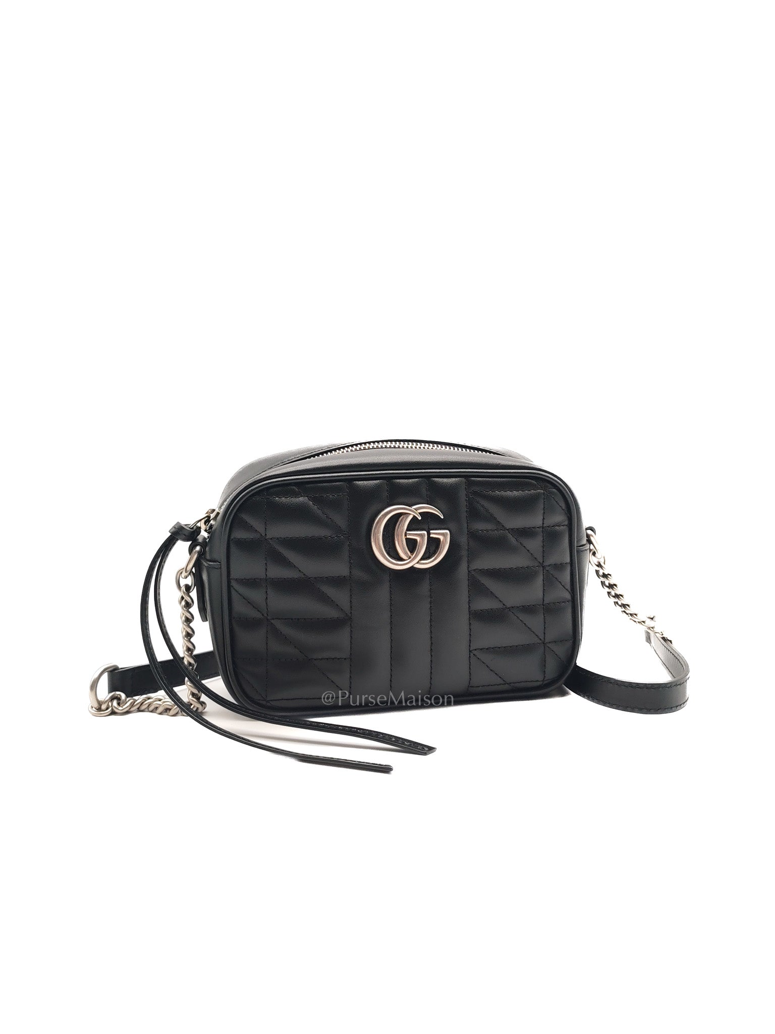 GG Marmont Mini Camera Bag in Black Quilted Matelasse Leather and Silver Hardware